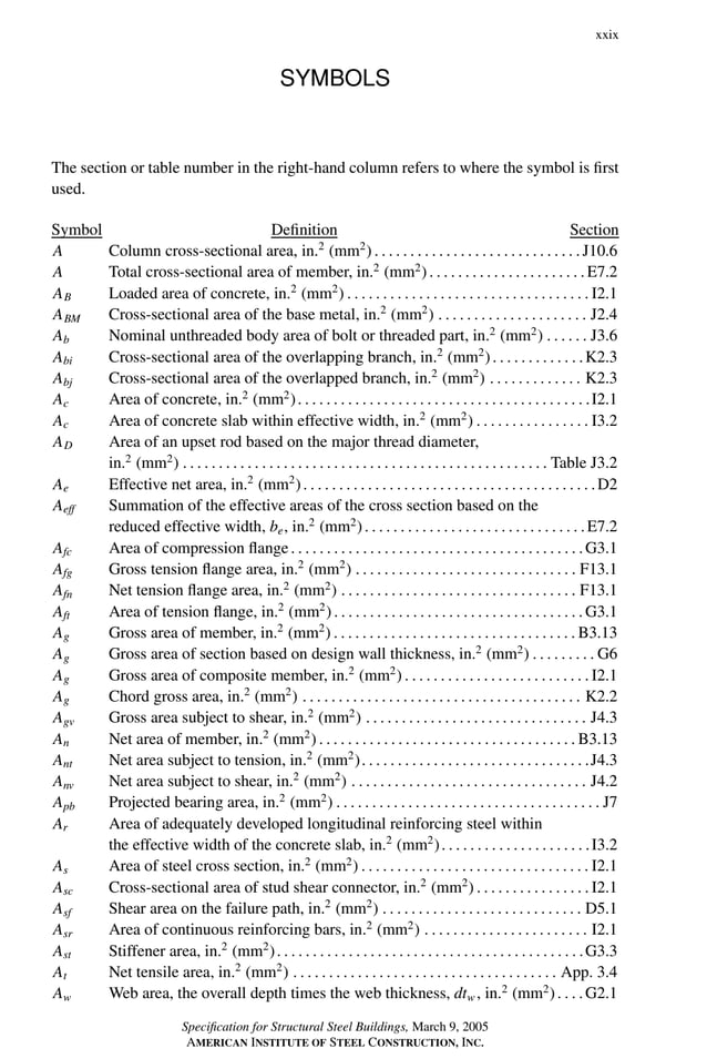P1: GIG
GRBT055-FM AISC-Sample (LRFD) June 20, 2005 12:16 Char Count= 0
xxix
SYMBOLS
The section or table number in the right-hand column refers to where the symbol is first
used.
Symbol Definition Section
A Column cross-sectional area, in.2
(mm2
). . . . . . . . . . . . . . . . . . . . . . . . . . . . .J10.6
A Total cross-sectional area of member, in.2
(mm2
). . . . . . . . . . . . . . . . . . . . . .E7.2
AB Loaded area of concrete, in.2
(mm2
) . . . . . . . . . . . . . . . . . . . . . . . . . . . . . . . . . . I2.1
ABM Cross-sectional area of the base metal, in.2
(mm2
) . . . . . . . . . . . . . . . . . . . . . J2.4
Ab Nominal unthreaded body area of bolt or threaded part, in.2
(mm2
) . . . . . . J3.6
Abi Cross-sectional area of the overlapping branch, in.2
(mm2
). . . . . . . . . . . . .K2.3
Abj Cross-sectional area of the overlapped branch, in.2
(mm2
) . . . . . . . . . . . . . K2.3
Ac Area of concrete, in.2
(mm2
). . . . . . . . . . . . . . . . . . . . . . . . . . . . . . . . . . . . . . . . .I2.1
Ac Area of concrete slab within effective width, in.2
(mm2
) . . . . . . . . . . . . . . . . I3.2
AD Area of an upset rod based on the major thread diameter,
in.2
(mm2
) . . . . . . . . . . . . . . . . . . . . . . . . . . . . . . . . . . . . . . . . . . . . . . . . . . . Table J3.2
Ae Effective net area, in.2
(mm2
). . . . . . . . . . . . . . . . . . . . . . . . . . . . . . . . . . . . . . . . .D2
Aeff Summation of the effective areas of the cross section based on the
reduced effective width, be, in.2
(mm2
). . . . . . . . . . . . . . . . . . . . . . . . . . . . . . .E7.2
Afc Area of compression flange. . . . . . . . . . . . . . . . . . . . . . . . . . . . . . . . . . . . . . . . .G3.1
Afg Gross tension flange area, in.2
(mm2
) . . . . . . . . . . . . . . . . . . . . . . . . . . . . . . . F13.1
Afn Net tension flange area, in.2
(mm2
) . . . . . . . . . . . . . . . . . . . . . . . . . . . . . . . . . F13.1
Aft Area of tension flange, in.2
(mm2
). . . . . . . . . . . . . . . . . . . . . . . . . . . . . . . . . . .G3.1
Ag Gross area of member, in.2
(mm2
) . . . . . . . . . . . . . . . . . . . . . . . . . . . . . . . . . . B3.13
Ag Gross area of section based on design wall thickness, in.2
(mm2
) . . . . . . . . . G6
Ag Gross area of composite member, in.2
(mm2
) . . . . . . . . . . . . . . . . . . . . . . . . . . I2.1
Ag Chord gross area, in.2
(mm2
) . . . . . . . . . . . . . . . . . . . . . . . . . . . . . . . . . . . . . . . K2.2
Agv Gross area subject to shear, in.2
(mm2
) . . . . . . . . . . . . . . . . . . . . . . . . . . . . . . . J4.3
An Net area of member, in.2
(mm2
) . . . . . . . . . . . . . . . . . . . . . . . . . . . . . . . . . . . . B3.13
Ant Net area subject to tension, in.2
(mm2
). . . . . . . . . . . . . . . . . . . . . . . . . . . . . . . .J4.3
Anv Net area subject to shear, in.2
(mm2
) . . . . . . . . . . . . . . . . . . . . . . . . . . . . . . . . . J4.2
Apb Projected bearing area, in.2
(mm2
) . . . . . . . . . . . . . . . . . . . . . . . . . . . . . . . . . . . . . J7
Ar Area of adequately developed longitudinal reinforcing steel within
the effective width of the concrete slab, in.2
(mm2
). . . . . . . . . . . . . . . . . . . . .I3.2
As Area of steel cross section, in.2
(mm2
) . . . . . . . . . . . . . . . . . . . . . . . . . . . . . . . . I2.1
Asc Cross-sectional area of stud shear connector, in.2
(mm2
) . . . . . . . . . . . . . . . . I2.1
Asf Shear area on the failure path, in.2
(mm2
) . . . . . . . . . . . . . . . . . . . . . . . . . . . . D5.1
Asr Area of continuous reinforcing bars, in.2
(mm2
) . . . . . . . . . . . . . . . . . . . . . . . I2.1
Ast Stiffener area, in.2
(mm2
). . . . . . . . . . . . . . . . . . . . . . . . . . . . . . . . . . . . . . . . . . .G3.3
At Net tensile area, in.2
(mm2
) . . . . . . . . . . . . . . . . . . . . . . . . . . . . . . . . . . . . . App. 3.4
Aw Web area, the overall depth times the web thickness, dtw , in.2
(mm2
). . . .G2.1
Specification for Structural Steel Buildings, March 9, 2005
AMERICAN INSTITUTE OF STEEL CONSTRUCTION, INC.
 