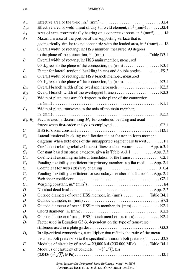 P1: GIG
GRBT055-FM AISC-Sample (LRFD) June 20, 2005 12:16 Char Count= 0
xxx SYMBOLS
Aw Effective area of the weld, in.2
(mm2
) . . . . . . . . . . . . . . . . . . . . . . . . . . . . . . . . J2.4
Awi Effective area of weld throat of any ith weld element, in.2
(mm2
). . . . . . . .J2.4
A1 Area of steel concentrically bearing on a concrete support, in.2
(mm2
) . . . . . J8
A2 Maximum area of the portion of the supporting surface that is
geometrically similar to and concentric with the loaded area, in.2
(mm2
) . . . J8
B Overall width of rectangular HSS member, measured 90 degrees
to the plane of the connection, in. (mm) . . . . . . . . . . . . . . . . . . . . . . . . Table D3.1
B Overall width of rectangular HSS main member, measured
90 degrees to the plane of the connection, in. (mm) . . . . . . . . . . . . . . . . . . . K3.1
B Factor for lateral-torsional buckling in tees and double angles . . . . . . . . . . F9.2
Bb Overall width of rectangular HSS branch member, measured
90 degrees to the plane of the connection, in. (mm) . . . . . . . . . . . . . . . . . . . K3.1
Bbi Overall branch width of the overlapping branch. . . . . . . . . . . . . . . . . . . . . . .K2.3
Bbj Overall branch width of the overlapped branch . . . . . . . . . . . . . . . . . . . . . . . K2.3
Bp Width of plate, measure 90 degrees to the plane of the connection,
in. (mm). . . . . . . . . . . . . . . . . . . . . . . . . . . . . . . . . . . . . . . . . . . . . . . . . . . . . . . . . .K1.1
Bp Width of plate, transverse to the axis of the main member,
in. (mm). . . . . . . . . . . . . . . . . . . . . . . . . . . . . . . . . . . . . . . . . . . . . . . . . . . . . . . . . .K2.3
B1, B2 Factors used in determining Mu for combined bending and axial
forces when first-order analysis is employed. . . . . . . . . . . . . . . . . . . . . . . . . .C2.1
C HSS torsional constant . . . . . . . . . . . . . . . . . . . . . . . . . . . . . . . . . . . . . . . . . . . . . H3.1
Cb Lateral-torsional buckling modification factor for nonuniform moment
diagrams when both ends of the unsupported segment are braced . . . . . . . . . F1
Cd Coefficient relating relative brace stiffness and curvature . . . . . . . . . App. 6.3.1
C f Constant based on stress category, given in Table A-3.1 . . . . . . . . . . . . App. 3.3
Cm Coefficient assuming no lateral translation of the frame . . . . . . . . . . . . . . . . C2.1
Cp Ponding flexibility coefficient for primary member in a flat roof. . . . .App. 2.1
Cr Coefficient for web sidesway buckling . . . . . . . . . . . . . . . . . . . . . . . . . . . . . . J10.4
Cs Ponding flexibility coefficient for secondary member in a flat roof. . .App. 2.1
Cv Web shear coefficient . . . . . . . . . . . . . . . . . . . . . . . . . . . . . . . . . . . . . . . . . . . . . . G2.1
Cw Warping constant, in.6
(mm6
) . . . . . . . . . . . . . . . . . . . . . . . . . . . . . . . . . . . . . . . . . E4
D Nominal dead load . . . . . . . . . . . . . . . . . . . . . . . . . . . . . . . . . . . . . . . . . . . . . App. 2.2
D Outside diameter of round HSS member, in. (mm). . . . . . . . . . . . . . .Table B4.1
D Outside diameter, in. (mm) . . . . . . . . . . . . . . . . . . . . . . . . . . . . . . . . . . . . . . . . . E7.2
D Outside diameter of round HSS main member, in. (mm) . . . . . . . . . . . . . . . K2.1
D Chord diameter, in. (mm). . . . . . . . . . . . . . . . . . . . . . . . . . . . . . . . . . . . . . . . . . .K2.2
Db Outside diameter of round HSS branch member, in. (mm) . . . . . . . . . . . . . K2.1
Ds Factor used in Equation G3-3, dependent on the type of transverse
stiffeners used in a plate girder. . . . . . . . . . . . . . . . . . . . . . . . . . . . . . . . . . . . . .G3.3
Du In slip-critical connections, a multiplier that reflects the ratio of the mean
installed bolt pretension to the specified minimum bolt pretension . . . . . . . J3.8
E Modulus of elasticity of steel = 29,000 ksi (200 000 MPa) . . . . . . . Table B4.1
Ec Modulus of elasticity of concrete = w1.5
c

f 
c, ksi
(0.043w1.5
c

f 
c, MPa). . . . . . . . . . . . . . . . . . . . . . . . . . . . . . . . . . . . . . . . . . . . . . .I2.1
Specification for Structural Steel Buildings, March 9, 2005
AMERICAN INSTITUTE OF STEEL CONSTRUCTION, INC.
 