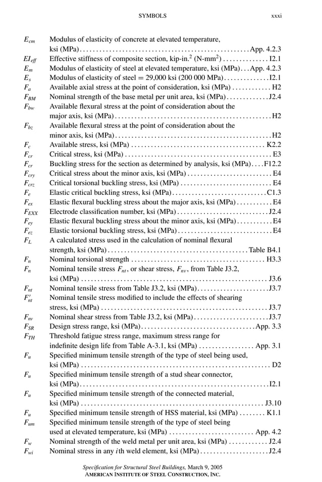 P1: GIG
GRBT055-FM AISC-Sample (LRFD) June 20, 2005 12:16 Char Count= 0
SYMBOLS xxxi
Ecm Modulus of elasticity of concrete at elevated temperature,
ksi (MPa). . . . . . . . . . . . . . . . . . . . . . . . . . . . . . . . . . . . . . . . . . . . . . . . . . . .App. 4.2.3
EIeff Effective stiffness of composite section, kip-in.2
(N-mm2
) . . . . . . . . . . . . . . I2.1
Em Modulus of elasticity of steel at elevated temperature, ksi (MPa). . .App. 4.2.3
Es Modulus of elasticity of steel = 29,000 ksi (200 000 MPa). . . . . . . . . . . . . .I2.1
Fa Available axial stress at the point of consideration, ksi (MPa) . . . . . . . . . . . . H2
FBM Nominal strength of the base metal per unit area, ksi (MPa). . . . . . . . . . . . .J2.4
Fbw Available flexural stress at the point of consideration about the
major axis, ksi (MPa). . . . . . . . . . . . . . . . . . . . . . . . . . . . . . . . . . . . . . . . . . . . . . . .H2
Fbz Available flexural stress at the point of consideration about the
minor axis, ksi (MPa). . . . . . . . . . . . . . . . . . . . . . . . . . . . . . . . . . . . . . . . . . . . . . . .H2
Fc Available stress, ksi (MPa) . . . . . . . . . . . . . . . . . . . . . . . . . . . . . . . . . . . . . . . . . K2.2
Fcr Critical stress, ksi (MPa) . . . . . . . . . . . . . . . . . . . . . . . . . . . . . . . . . . . . . . . . . . . . . E3
Fcr Buckling stress for the section as determined by analysis, ksi (MPa). . . .F12.2
Fcry Critical stress about the minor axis, ksi (MPa) . . . . . . . . . . . . . . . . . . . . . . . . . . E4
Fcrz Critical torsional buckling stress, ksi (MPa) . . . . . . . . . . . . . . . . . . . . . . . . . . . . E4
Fe Elastic critical buckling stress, ksi (MPa). . . . . . . . . . . . . . . . . . . . . . . . . . . . .C1.3
Fex Elastic flexural buckling stress about the major axis, ksi (MPa) . . . . . . . . . . . E4
FEXX Electrode classification number, ksi (MPa) . . . . . . . . . . . . . . . . . . . . . . . . . . . . J2.4
Fey Elastic flexural buckling stress about the minor axis, ksi (MPa). . . . . . . . . . .E4
Fez Elastic torsional buckling stress, ksi (MPa) . . . . . . . . . . . . . . . . . . . . . . . . . . . . . E4
FL A calculated stress used in the calculation of nominal flexural
strength, ksi (MPa) . . . . . . . . . . . . . . . . . . . . . . . . . . . . . . . . . . . . . . . . . . . Table B4.1
Fn Nominal torsional strength . . . . . . . . . . . . . . . . . . . . . . . . . . . . . . . . . . . . . . . . . H3.3
Fn Nominal tensile stress Fnt , or shear stress, Fnv , from Table J3.2,
ksi (MPa) . . . . . . . . . . . . . . . . . . . . . . . . . . . . . . . . . . . . . . . . . . . . . . . . . . . . . . . . . J3.6
Fnt Nominal tensile stress from Table J3.2, ksi (MPa). . . . . . . . . . . . . . . . . . . . . .J3.7
F
nt Nominal tensile stress modified to include the effects of shearing
stress, ksi (MPa) . . . . . . . . . . . . . . . . . . . . . . . . . . . . . . . . . . . . . . . . . . . . . . . . . . . J3.7
Fnv Nominal shear stress from Table J3.2, ksi (MPa). . . . . . . . . . . . . . . . . . . . . . .J3.7
FSR Design stress range, ksi (MPa). . . . . . . . . . . . . . . . . . . . . . . . . . . . . . . . . . .App. 3.3
FTH Threshold fatigue stress range, maximum stress range for
indefinite design life from Table A-3.1, ksi (MPa) . . . . . . . . . . . . . . . . . App. 3.1
Fu Specified minimum tensile strength of the type of steel being used,
ksi (MPa) . . . . . . . . . . . . . . . . . . . . . . . . . . . . . . . . . . . . . . . . . . . . . . . . . . . . . . . . . . D2
Fu Specified minimum tensile strength of a stud shear connector,
ksi (MPa). . . . . . . . . . . . . . . . . . . . . . . . . . . . . . . . . . . . . . . . . . . . . . . . . . . . . . . . . .I2.1
Fu Specified minimum tensile strength of the connected material,
ksi (MPa) . . . . . . . . . . . . . . . . . . . . . . . . . . . . . . . . . . . . . . . . . . . . . . . . . . . . . . . . J3.10
Fu Specified minimum tensile strength of HSS material, ksi (MPa) . . . . . . . . K1.1
Fum Specified minimum tensile strength of the type of steel being
used at elevated temperature, ksi (MPa) . . . . . . . . . . . . . . . . . . . . . . . . . . App. 4.2
Fw Nominal strength of the weld metal per unit area, ksi (MPa) . . . . . . . . . . . . J2.4
Fwi Nominal stress in any ith weld element, ksi (MPa) . . . . . . . . . . . . . . . . . . . . . J2.4
Specification for Structural Steel Buildings, March 9, 2005
AMERICAN INSTITUTE OF STEEL CONSTRUCTION, INC.
 