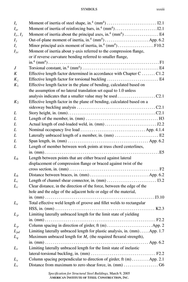 P1: GIG
GRBT055-FM AISC-Sample (LRFD) June 20, 2005 12:16 Char Count= 0
SYMBOLS xxxiii
Is Moment of inertia of steel shape, in.4
(mm4
) . . . . . . . . . . . . . . . . . . . . . . . . . . I2.1
Isr Moment of inertia of reinforcing bars, in.4
(mm4
). . . . . . . . . . . . . . . . . . . . . .I2.1
Ix , Iy Moment of inertia about the principal axes, in.4
(mm4
) . . . . . . . . . . . . . . . . . . E4
Iy Out-of-plane moment of inertia, in.4
(mm4
) . . . . . . . . . . . . . . . . . . . . . . . App. 6.2
Iz Minor principal axis moment of inertia, in.4
(mm4
). . . . . . . . . . . . . . . . . . .F10.2
Iyc Moment of inertia about y-axis referred to the compression flange,
or if reverse curvature bending referred to smaller flange,
in.4
(mm4
) . . . . . . . . . . . . . . . . . . . . . . . . . . . . . . . . . . . . . . . . . . . . . . . . . . . . . . . . . . F1
J Torsional constant, in.4
(mm4
) . . . . . . . . . . . . . . . . . . . . . . . . . . . . . . . . . . . . . . . . E4
K Effective length factor determined in accordance with Chapter C . . . . . . . C1.2
Kz Effective length factor for torsional buckling . . . . . . . . . . . . . . . . . . . . . . . . . . . E4
K1 Effective length factor in the plane of bending, calculated based on
the assumption of no lateral translation set equal to 1.0 unless
analysis indicates that a smaller value may be used . . . . . . . . . . . . . . . . . . . . C2.1
K2 Effective length factor in the plane of bending, calculated based on a
sidesway buckling analysis . . . . . . . . . . . . . . . . . . . . . . . . . . . . . . . . . . . . . . . . . C2.1
L Story height, in. (mm). . . . . . . . . . . . . . . . . . . . . . . . . . . . . . . . . . . . . . . . . . . . . .C2.1
L Length of the member, in. (mm) . . . . . . . . . . . . . . . . . . . . . . . . . . . . . . . . . . . . . . H3
L Actual length of end-loaded weld, in. (mm) . . . . . . . . . . . . . . . . . . . . . . . . . . . J2.2
L Nominal occupancy live load . . . . . . . . . . . . . . . . . . . . . . . . . . . . . . . . . . App. 4.1.4
L Laterally unbraced length of a member, in. (mm) . . . . . . . . . . . . . . . . . . . . . . . E2
L Span length, in. (mm) . . . . . . . . . . . . . . . . . . . . . . . . . . . . . . . . . . . . . . . . . . App. 6.2
L Length of member between work points at truss chord centerlines,
in. (mm). . . . . . . . . . . . . . . . . . . . . . . . . . . . . . . . . . . . . . . . . . . . . . . . . . . . . . . . . . . .E5
Lb Length between points that are either braced against lateral
displacement of compression flange or braced against twist of the
cross section, in. (mm) . . . . . . . . . . . . . . . . . . . . . . . . . . . . . . . . . . . . . . . . . . . . . . . F2
Lb Distance between braces, in. (mm) . . . . . . . . . . . . . . . . . . . . . . . . . . . . . . . App. 6.2
Lc Length of channel shear connector, in. (mm) . . . . . . . . . . . . . . . . . . . . . . . . . . I3.2
Lc Clear distance, in the direction of the force, between the edge of the
hole and the edge of the adjacent hole or edge of the material,
in. (mm) . . . . . . . . . . . . . . . . . . . . . . . . . . . . . . . . . . . . . . . . . . . . . . . . . . . . . . . . . J3.10
Le Total effective weld length of groove and fillet welds to rectangular
HSS, in. (mm) . . . . . . . . . . . . . . . . . . . . . . . . . . . . . . . . . . . . . . . . . . . . . . . . . . . . K2.3
L p Limiting laterally unbraced length for the limit state of yielding
in. (mm) . . . . . . . . . . . . . . . . . . . . . . . . . . . . . . . . . . . . . . . . . . . . . . . . . . . . . . . . . . F2.2
L p Column spacing in direction of girder, ft (m). . . . . . . . . . . . . . . . . . . . . . . .App. 2
Lpd Limiting laterally unbraced length for plastic analysis, in. (mm). . . . .App. 1.7
Lq Maximum unbraced length for Mr (the required flexural strength),
in. (mm) . . . . . . . . . . . . . . . . . . . . . . . . . . . . . . . . . . . . . . . . . . . . . . . . . . . . . . App. 6.2
Lr Limiting laterally unbraced length for the limit state of inelastic
lateral-torsional buckling, in. (mm) . . . . . . . . . . . . . . . . . . . . . . . . . . . . . . . . . . F2.2
Ls Column spacing perpendicular to direction of girder, ft (m) . . . . . . . . . App. 2.1
Lv Distance from maximum to zero shear force, in. (mm) . . . . . . . . . . . . . . . . . . G6
Specification for Structural Steel Buildings, March 9, 2005
AMERICAN INSTITUTE OF STEEL CONSTRUCTION, INC.
 