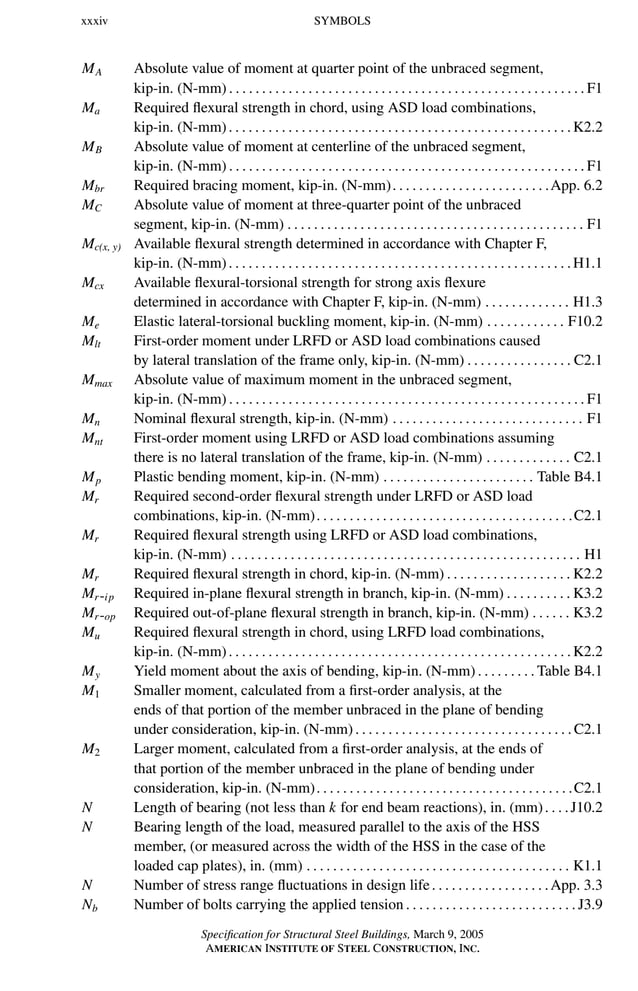P1: GIG
GRBT055-FM AISC-Sample (LRFD) June 20, 2005 12:16 Char Count= 0
xxxiv SYMBOLS
MA Absolute value of moment at quarter point of the unbraced segment,
kip-in. (N-mm). . . . . . . . . . . . . . . . . . . . . . . . . . . . . . . . . . . . . . . . . . . . . . . . . . . . . .F1
Ma Required flexural strength in chord, using ASD load combinations,
kip-in. (N-mm). . . . . . . . . . . . . . . . . . . . . . . . . . . . . . . . . . . . . . . . . . . . . . . . . . . .K2.2
MB Absolute value of moment at centerline of the unbraced segment,
kip-in. (N-mm). . . . . . . . . . . . . . . . . . . . . . . . . . . . . . . . . . . . . . . . . . . . . . . . . . . . . .F1
Mbr Required bracing moment, kip-in. (N-mm). . . . . . . . . . . . . . . . . . . . . . . .App. 6.2
MC Absolute value of moment at three-quarter point of the unbraced
segment, kip-in. (N-mm) . . . . . . . . . . . . . . . . . . . . . . . . . . . . . . . . . . . . . . . . . . . . . F1
Mc(x, y) Available flexural strength determined in accordance with Chapter F,
kip-in. (N-mm). . . . . . . . . . . . . . . . . . . . . . . . . . . . . . . . . . . . . . . . . . . . . . . . . . . .H1.1
Mcx Available flexural-torsional strength for strong axis flexure
determined in accordance with Chapter F, kip-in. (N-mm) . . . . . . . . . . . . . H1.3
Me Elastic lateral-torsional buckling moment, kip-in. (N-mm) . . . . . . . . . . . . F10.2
Mlt First-order moment under LRFD or ASD load combinations caused
by lateral translation of the frame only, kip-in. (N-mm) . . . . . . . . . . . . . . . . C2.1
Mmax Absolute value of maximum moment in the unbraced segment,
kip-in. (N-mm). . . . . . . . . . . . . . . . . . . . . . . . . . . . . . . . . . . . . . . . . . . . . . . . . . . . . .F1
Mn Nominal flexural strength, kip-in. (N-mm) . . . . . . . . . . . . . . . . . . . . . . . . . . . . . F1
Mnt First-order moment using LRFD or ASD load combinations assuming
there is no lateral translation of the frame, kip-in. (N-mm) . . . . . . . . . . . . . C2.1
Mp Plastic bending moment, kip-in. (N-mm) . . . . . . . . . . . . . . . . . . . . . . . Table B4.1
Mr Required second-order flexural strength under LRFD or ASD load
combinations, kip-in. (N-mm). . . . . . . . . . . . . . . . . . . . . . . . . . . . . . . . . . . . . . .C2.1
Mr Required flexural strength using LRFD or ASD load combinations,
kip-in. (N-mm) . . . . . . . . . . . . . . . . . . . . . . . . . . . . . . . . . . . . . . . . . . . . . . . . . . . . . H1
Mr Required flexural strength in chord, kip-in. (N-mm) . . . . . . . . . . . . . . . . . . . K2.2
Mr-ip Required in-plane flexural strength in branch, kip-in. (N-mm) . . . . . . . . . . K3.2
Mr-op Required out-of-plane flexural strength in branch, kip-in. (N-mm) . . . . . . K3.2
Mu Required flexural strength in chord, using LRFD load combinations,
kip-in. (N-mm). . . . . . . . . . . . . . . . . . . . . . . . . . . . . . . . . . . . . . . . . . . . . . . . . . . .K2.2
My Yield moment about the axis of bending, kip-in. (N-mm) . . . . . . . . . Table B4.1
M1 Smaller moment, calculated from a first-order analysis, at the
ends of that portion of the member unbraced in the plane of bending
under consideration, kip-in. (N-mm). . . . . . . . . . . . . . . . . . . . . . . . . . . . . . . . .C2.1
M2 Larger moment, calculated from a first-order analysis, at the ends of
that portion of the member unbraced in the plane of bending under
consideration, kip-in. (N-mm). . . . . . . . . . . . . . . . . . . . . . . . . . . . . . . . . . . . . . .C2.1
N Length of bearing (not less than k for end beam reactions), in. (mm). . . .J10.2
N Bearing length of the load, measured parallel to the axis of the HSS
member, (or measured across the width of the HSS in the case of the
loaded cap plates), in. (mm) . . . . . . . . . . . . . . . . . . . . . . . . . . . . . . . . . . . . . . . . K1.1
N Number of stress range fluctuations in design life. . . . . . . . . . . . . . . . . .App. 3.3
Nb Number of bolts carrying the applied tension . . . . . . . . . . . . . . . . . . . . . . . . . . J3.9
Specification for Structural Steel Buildings, March 9, 2005
AMERICAN INSTITUTE OF STEEL CONSTRUCTION, INC.
 