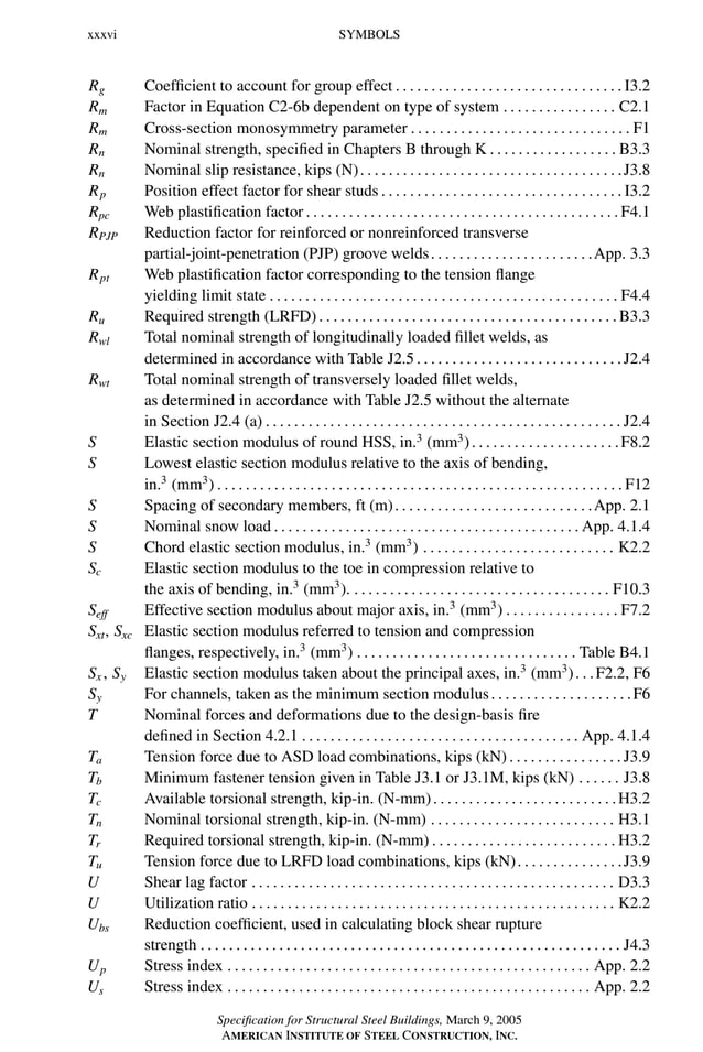 P1: GIG
GRBT055-FM AISC-Sample (LRFD) June 20, 2005 12:16 Char Count= 0
xxxvi SYMBOLS
Rg Coefficient to account for group effect . . . . . . . . . . . . . . . . . . . . . . . . . . . . . . . . I3.2
Rm Factor in Equation C2-6b dependent on type of system . . . . . . . . . . . . . . . . C2.1
Rm Cross-section monosymmetry parameter . . . . . . . . . . . . . . . . . . . . . . . . . . . . . . . F1
Rn Nominal strength, specified in Chapters B through K . . . . . . . . . . . . . . . . . . B3.3
Rn Nominal slip resistance, kips (N). . . . . . . . . . . . . . . . . . . . . . . . . . . . . . . . . . . . .J3.8
Rp Position effect factor for shear studs . . . . . . . . . . . . . . . . . . . . . . . . . . . . . . . . . . I3.2
Rpc Web plastification factor . . . . . . . . . . . . . . . . . . . . . . . . . . . . . . . . . . . . . . . . . . . . F4.1
RPJP Reduction factor for reinforced or nonreinforced transverse
partial-joint-penetration (PJP) groove welds. . . . . . . . . . . . . . . . . . . . . . .App. 3.3
Rpt Web plastification factor corresponding to the tension flange
yielding limit state . . . . . . . . . . . . . . . . . . . . . . . . . . . . . . . . . . . . . . . . . . . . . . . . . F4.4
Ru Required strength (LRFD). . . . . . . . . . . . . . . . . . . . . . . . . . . . . . . . . . . . . . . . . .B3.3
Rwl Total nominal strength of longitudinally loaded fillet welds, as
determined in accordance with Table J2.5. . . . . . . . . . . . . . . . . . . . . . . . . . . . .J2.4
Rwt Total nominal strength of transversely loaded fillet welds,
as determined in accordance with Table J2.5 without the alternate
in Section J2.4 (a) . . . . . . . . . . . . . . . . . . . . . . . . . . . . . . . . . . . . . . . . . . . . . . . . . . J2.4
S Elastic section modulus of round HSS, in.3
(mm3
). . . . . . . . . . . . . . . . . . . . .F8.2
S Lowest elastic section modulus relative to the axis of bending,
in.3
(mm3
) . . . . . . . . . . . . . . . . . . . . . . . . . . . . . . . . . . . . . . . . . . . . . . . . . . . . . . . . . F12
S Spacing of secondary members, ft (m). . . . . . . . . . . . . . . . . . . . . . . . . . . .App. 2.1
S Nominal snow load . . . . . . . . . . . . . . . . . . . . . . . . . . . . . . . . . . . . . . . . . . . App. 4.1.4
S Chord elastic section modulus, in.3
(mm3
) . . . . . . . . . . . . . . . . . . . . . . . . . . . K2.2
Sc Elastic section modulus to the toe in compression relative to
the axis of bending, in.3
(mm3
). . . . . . . . . . . . . . . . . . . . . . . . . . . . . . . . . . . . . F10.3
Seff Effective section modulus about major axis, in.3
(mm3
) . . . . . . . . . . . . . . . . F7.2
Sxt, Sxc Elastic section modulus referred to tension and compression
flanges, respectively, in.3
(mm3
) . . . . . . . . . . . . . . . . . . . . . . . . . . . . . . . Table B4.1
Sx , Sy Elastic section modulus taken about the principal axes, in.3
(mm3
). . .F2.2, F6
Sy For channels, taken as the minimum section modulus. . . . . . . . . . . . . . . . . . . .F6
T Nominal forces and deformations due to the design-basis fire
defined in Section 4.2.1 . . . . . . . . . . . . . . . . . . . . . . . . . . . . . . . . . . . . . . . App. 4.1.4
Ta Tension force due to ASD load combinations, kips (kN) . . . . . . . . . . . . . . . . J3.9
Tb Minimum fastener tension given in Table J3.1 or J3.1M, kips (kN) . . . . . . J3.8
Tc Available torsional strength, kip-in. (N-mm). . . . . . . . . . . . . . . . . . . . . . . . . .H3.2
Tn Nominal torsional strength, kip-in. (N-mm) . . . . . . . . . . . . . . . . . . . . . . . . . . H3.1
Tr Required torsional strength, kip-in. (N-mm) . . . . . . . . . . . . . . . . . . . . . . . . . . H3.2
Tu Tension force due to LRFD load combinations, kips (kN). . . . . . . . . . . . . . .J3.9
U Shear lag factor . . . . . . . . . . . . . . . . . . . . . . . . . . . . . . . . . . . . . . . . . . . . . . . . . . . D3.3
U Utilization ratio . . . . . . . . . . . . . . . . . . . . . . . . . . . . . . . . . . . . . . . . . . . . . . . . . . . K2.2
Ubs Reduction coefficient, used in calculating block shear rupture
strength . . . . . . . . . . . . . . . . . . . . . . . . . . . . . . . . . . . . . . . . . . . . . . . . . . . . . . . . . . . J4.3
Up Stress index . . . . . . . . . . . . . . . . . . . . . . . . . . . . . . . . . . . . . . . . . . . . . . . . . . . App. 2.2
Us Stress index . . . . . . . . . . . . . . . . . . . . . . . . . . . . . . . . . . . . . . . . . . . . . . . . . . . App. 2.2
Specification for Structural Steel Buildings, March 9, 2005
AMERICAN INSTITUTE OF STEEL CONSTRUCTION, INC.
 