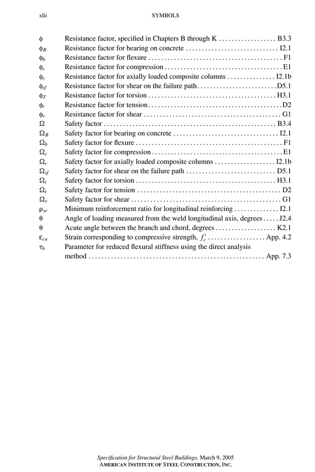 P1: GIG
GRBT055-FM AISC-Sample (LRFD) June 20, 2005 12:16 Char Count= 0
xlii SYMBOLS
f Resistance factor, specified in Chapters B through K . . . . . . . . . . . . . . . . . . B3.3
fB Resistance factor for bearing on concrete . . . . . . . . . . . . . . . . . . . . . . . . . . . . . I2.1
fb Resistance factor for flexure . . . . . . . . . . . . . . . . . . . . . . . . . . . . . . . . . . . . . . . . . . F1
fc Resistance factor for compression . . . . . . . . . . . . . . . . . . . . . . . . . . . . . . . . . . . . . E1
fc Resistance factor for axially loaded composite columns . . . . . . . . . . . . . . . I2.1b
fsf Resistance factor for shear on the failure path. . . . . . . . . . . . . . . . . . . . . . . . .D5.1
fT Resistance factor for torsion . . . . . . . . . . . . . . . . . . . . . . . . . . . . . . . . . . . . . . . . H3.1
ft Resistance factor for tension. . . . . . . . . . . . . . . . . . . . . . . . . . . . . . . . . . . . . . . . . .D2
fv Resistance factor for shear . . . . . . . . . . . . . . . . . . . . . . . . . . . . . . . . . . . . . . . . . . . G1
 Safety factor . . . . . . . . . . . . . . . . . . . . . . . . . . . . . . . . . . . . . . . . . . . . . . . . . . . . . . B3.4
B Safety factor for bearing on concrete . . . . . . . . . . . . . . . . . . . . . . . . . . . . . . . . . I2.1
b Safety factor for flexure . . . . . . . . . . . . . . . . . . . . . . . . . . . . . . . . . . . . . . . . . . . . . . F1
c Safety factor for compression. . . . . . . . . . . . . . . . . . . . . . . . . . . . . . . . . . . . . . . . .E1
c Safety factor for axially loaded composite columns . . . . . . . . . . . . . . . . . . . I2.1b
sf Safety factor for shear on the failure path . . . . . . . . . . . . . . . . . . . . . . . . . . . . D5.1
t Safety factor for torsion . . . . . . . . . . . . . . . . . . . . . . . . . . . . . . . . . . . . . . . . . . . . H3.1
t Safety factor for tension . . . . . . . . . . . . . . . . . . . . . . . . . . . . . . . . . . . . . . . . . . . . . D2
v Safety factor for shear . . . . . . . . . . . . . . . . . . . . . . . . . . . . . . . . . . . . . . . . . . . . . . . G1
sr Minimum reinforcement ratio for longitudinal reinforcing . . . . . . . . . . . . . . I2.1
 Angle of loading measured from the weld longitudinal axis, degrees . . . . . J2.4
 Acute angle between the branch and chord, degrees . . . . . . . . . . . . . . . . . . . K2.1
εcu Strain corresponding to compressive strength, f 
c . . . . . . . . . . . . . . . . . . App. 4.2
b Parameter for reduced flexural stiffness using the direct analysis
method . . . . . . . . . . . . . . . . . . . . . . . . . . . . . . . . . . . . . . . . . . . . . . . . . . . . . . . App. 7.3
Specification for Structural Steel Buildings, March 9, 2005
AMERICAN INSTITUTE OF STEEL CONSTRUCTION, INC.
 