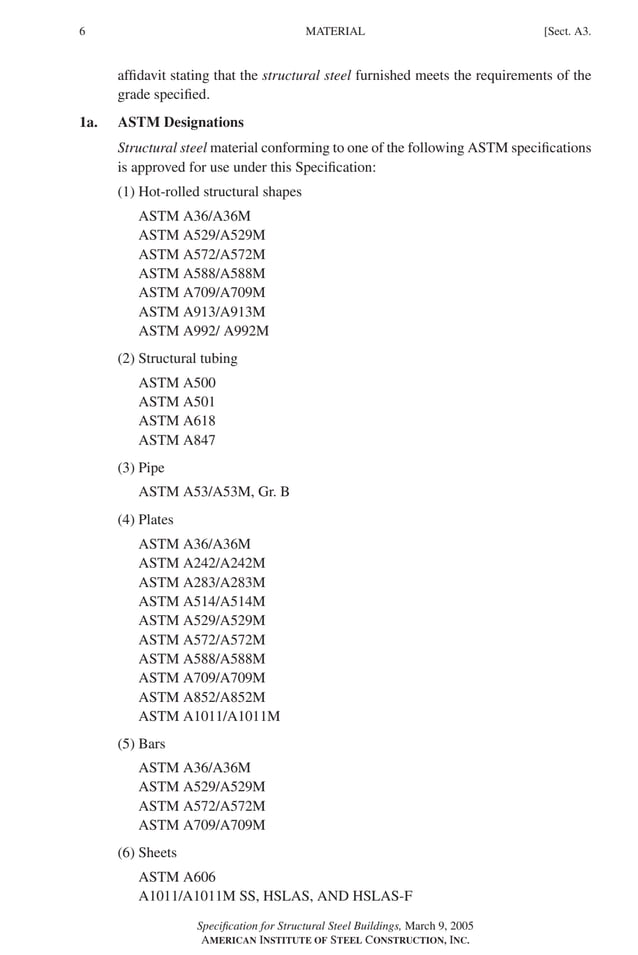 P1: GIG
GRBT055-A AISC-Sample (LRFD) June 17, 2005 16:1 Char Count= 0
6 [Sect. A3.
MATERIAL
affidavit stating that the structural steel furnished meets the requirements of the
grade specified.
1a. ASTM Designations
Structural steel material conforming to one of the following ASTM specifications
is approved for use under this Specification:
(1) Hot-rolled structural shapes
ASTM A36/A36M
ASTM A529/A529M
ASTM A572/A572M
ASTM A588/A588M
ASTM A709/A709M
ASTM A913/A913M
ASTM A992/ A992M
(2) Structural tubing
ASTM A500
ASTM A501
ASTM A618
ASTM A847
(3) Pipe
ASTM A53/A53M, Gr. B
(4) Plates
ASTM A36/A36M
ASTM A242/A242M
ASTM A283/A283M
ASTM A514/A514M
ASTM A529/A529M
ASTM A572/A572M
ASTM A588/A588M
ASTM A709/A709M
ASTM A852/A852M
ASTM A1011/A1011M
(5) Bars
ASTM A36/A36M
ASTM A529/A529M
ASTM A572/A572M
ASTM A709/A709M
(6) Sheets
ASTM A606
A1011/A1011M SS, HSLAS, AND HSLAS-F
Specification for Structural Steel Buildings, March 9, 2005
AMERICAN INSTITUTE OF STEEL CONSTRUCTION, INC.
 