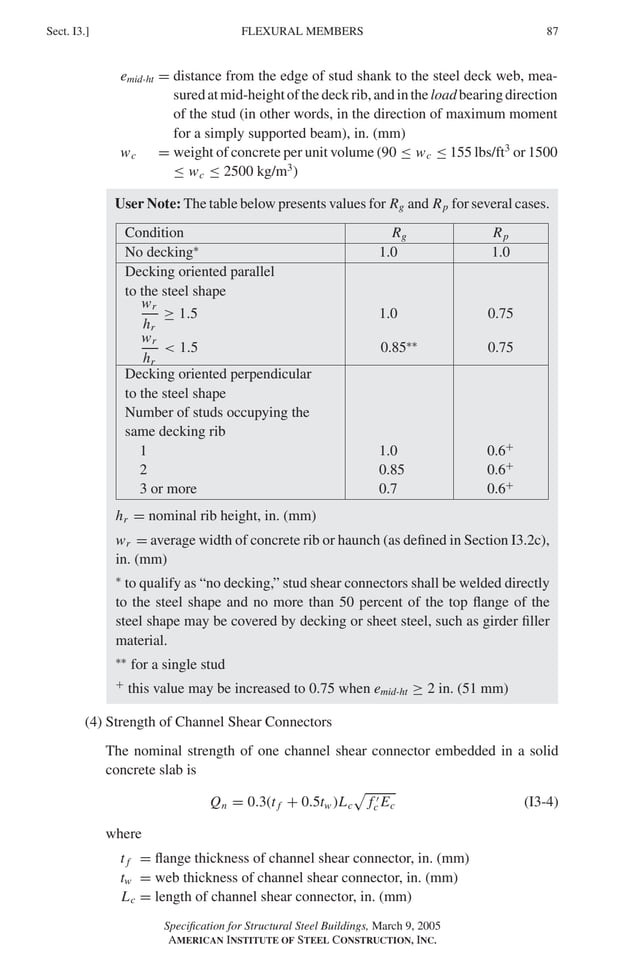 P1: GIG
GRBT055-I AISC-Sample (LRFD) June 17, 2005 13:25 Char Count= 0
FLEXURAL MEMBERS
Sect. I3.] 87
emid-ht = distance from the edge of stud shank to the steel deck web, mea-
suredatmid-heightofthedeckrib,andintheloadbearingdirection
of the stud (in other words, in the direction of maximum moment
for a simply supported beam), in. (mm)
wc = weight of concrete per unit volume (90 ≤ wc ≤ 155 lbs/ft3
or 1500
≤ wc ≤ 2500 kg/m3
)
User Note: The table below presents values for Rg and Rp for several cases.
Condition Rg Rp
No decking∗
1.0 1.0
Decking oriented parallel
to the steel shape
wr
hr
≥ 1.5 1.0 0.75
wr
hr
 1.5 0.85∗∗
0.75
Decking oriented perpendicular
to the steel shape
Number of studs occupying the
same decking rib
1 1.0 0.6+
2 0.85 0.6+
3 or more 0.7 0.6+
hr = nominal rib height, in. (mm)
wr = average width of concrete rib or haunch (as defined in Section I3.2c),
in. (mm)
∗
to qualify as “no decking,” stud shear connectors shall be welded directly
to the steel shape and no more than 50 percent of the top flange of the
steel shape may be covered by decking or sheet steel, such as girder filler
material.
∗∗
for a single stud
+
this value may be increased to 0.75 when emid-ht ≥ 2 in. (51 mm)
(4) Strength of Channel Shear Connectors
The nominal strength of one channel shear connector embedded in a solid
concrete slab is
Qn = 0.3(t f + 0.5tw )Lc

f 
c Ec (I3-4)
where
t f = flange thickness of channel shear connector, in. (mm)
tw = web thickness of channel shear connector, in. (mm)
Lc = length of channel shear connector, in. (mm)
Specification for Structural Steel Buildings, March 9, 2005
AMERICAN INSTITUTE OF STEEL CONSTRUCTION, INC.
 