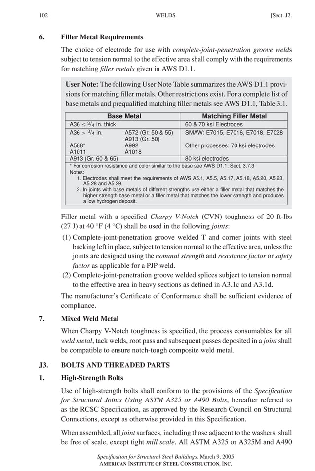 P1: GIG
GRBT055-J AISC-Sample (LRFD) June 17, 2005 16:22 Char Count= 0
102 [Sect. J2.
WELDS
6. Filler Metal Requirements
The choice of electrode for use with complete-joint-penetration groove welds
subject to tension normal to the effective area shall comply with the requirements
for matching filler metals given in AWS D1.1.
User Note: The following User Note Table summarizes the AWS D1.1 provi-
sions for matching filler metals. Other restrictions exist. For a complete list of
base metals and prequalified matching filler metals see AWS D1.1, Table 3.1.
Base Metal Matching Filler Metal
A36 ≤ 3/4 in. thick 60  70 ksi Electrodes
A36  3/4 in. A572 (Gr. 50  55) SMAW: E7015, E7016, E7018, E7028
A913 (Gr. 50)
A588∗ A992 Other processes: 70 ksi electrodes
A1011 A1018
A913 (Gr. 60  65) 80 ksi electrodes
∗
For corrosion resistance and color similar to the base see AWS D1.1, Sect. 3.7.3
Notes:
1. Electrodes shall meet the requirements of AWS A5.1, A5.5, A5.17, A5.18, A5.20, A5.23,
A5.28 and A5.29.
2. In joints with base metals of different strengths use either a filler metal that matches the
higher strength base metal or a filler metal that matches the lower strength and produces
a low hydrogen deposit.
Filler metal with a specified Charpy V-Notch (CVN) toughness of 20 ft-lbs
(27 J) at 40 ◦
F (4 ◦
C) shall be used in the following joints:
(1) Complete-joint-penetration groove welded T and corner joints with steel
backing left in place, subject to tension normal to the effective area, unless the
joints are designed using the nominal strength and resistance factor or safety
factor as applicable for a PJP weld.
(2) Complete-joint-penetration groove welded splices subject to tension normal
to the effective area in heavy sections as defined in A3.1c and A3.1d.
The manufacturer’s Certificate of Conformance shall be sufficient evidence of
compliance.
7. Mixed Weld Metal
When Charpy V-Notch toughness is specified, the process consumables for all
weld metal, tack welds, root pass and subsequent passes deposited in a joint shall
be compatible to ensure notch-tough composite weld metal.
J3. BOLTS AND THREADED PARTS
1. High-Strength Bolts
Use of high-strength bolts shall conform to the provisions of the Specification
for Structural Joints Using ASTM A325 or A490 Bolts, hereafter referred to
as the RCSC Specification, as approved by the Research Council on Structural
Connections, except as otherwise provided in this Specification.
When assembled, all joint surfaces, including those adjacent to the washers, shall
be free of scale, except tight mill scale. All ASTM A325 or A325M and A490
Specification for Structural Steel Buildings, March 9, 2005
AMERICAN INSTITUTE OF STEEL CONSTRUCTION, INC.
 