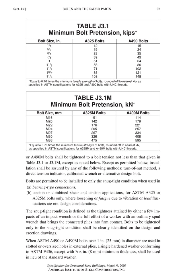 P1: GIG
GRBT055-J AISC-Sample (LRFD) June 17, 2005 16:22 Char Count= 0
BOLTS AND THREADED PARTS
Sect. J3.] 103
TABLE J3.1
Minimum Bolt Pretension, kips∗
Bolt Size, in. A325 Bolts A490 Bolts
1/2 12 15
5/8 19 24
3/4 28 35
7/8 39 49
1 51 64
11/8 56 80
11/4 71 102
13/8 85 121
11/2 103 148
∗
Equal to 0.70 times the minimum tensile strength of bolts, rounded off to nearest kip, as
specified in ASTM specifications for A325 and A490 bolts with UNC threads.
TABLE J3.1M
Minimum Bolt Pretension, kN∗
Bolt Size, mm A325M Bolts A490M Bolts
M16 91 114
M20 142 179
M22 176 221
M24 205 257
M27 267 334
M30 326 408
M36 475 595
∗
Equal to 0.70 times the minimum tensile strength of bolts, rounded off to nearest kN,
as specified in ASTM specifications for A325M and A490M bolts with UNC threads.
or A490M bolts shall be tightened to a bolt tension not less than that given in
Table J3.1 or J3.1M, except as noted below. Except as permitted below, instal-
lation shall be assured by any of the following methods: turn-of-nut method, a
direct tension indicator, calibrated wrench or alternative design bolt.
Bolts are permitted to be installed to only the snug-tight condition when used in
(a) bearing-type connections.
(b) tension or combined shear and tension applications, for ASTM A325 or
A325M bolts only, where loosening or fatigue due to vibration or load fluc-
tuations are not design considerations.
The snug-tight condition is defined as the tightness attained by either a few im-
pacts of an impact wrench or the full effort of a worker with an ordinary spud
wrench that brings the connected plies into firm contact. Bolts to be tightened
only to the snug-tight condition shall be clearly identified on the design and
erection drawings.
When ASTM A490 or A490M bolts over 1 in. (25 mm) in diameter are used in
slotted or oversized holes in external plies, a single hardened washer conforming
to ASTM F436, except with 5/16-in. (8 mm) minimum thickness, shall be used
in lieu of the standard washer.
Specification for Structural Steel Buildings, March 9, 2005
AMERICAN INSTITUTE OF STEEL CONSTRUCTION, INC.
 