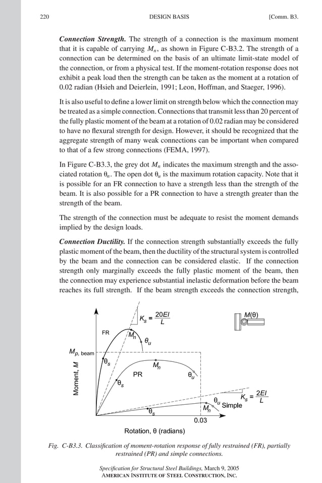 P1: GIG
GRBT055-COM-B AISC-Sample (LRFD) June 17, 2005 17:26 Char Count= 0
220 [Comm. B3.
DESIGN BASIS
Connection Strength. The strength of a connection is the maximum moment
that it is capable of carrying Mn, as shown in Figure C-B3.2. The strength of a
connection can be determined on the basis of an ultimate limit-state model of
the connection, or from a physical test. If the moment-rotation response does not
exhibit a peak load then the strength can be taken as the moment at a rotation of
0.02 radian (Hsieh and Deierlein, 1991; Leon, Hoffman, and Staeger, 1996).
It is also useful to define a lower limit on strength below which the connection may
be treated as a simple connection. Connections that transmit less than 20 percent of
the fully plastic moment of the beam at a rotation of 0.02 radian may be considered
to have no flexural strength for design. However, it should be recognized that the
aggregate strength of many weak connections can be important when compared
to that of a few strong connections (FEMA, 1997).
In Figure C-B3.3, the grey dot Mn indicates the maximum strength and the asso-
ciated rotation n. The open dot u is the maximum rotation capacity. Note that it
is possible for an FR connection to have a strength less than the strength of the
beam. It is also possible for a PR connection to have a strength greater than the
strength of the beam.
The strength of the connection must be adequate to resist the moment demands
implied by the design loads.
Connection Ductility. If the connection strength substantially exceeds the fully
plastic moment of the beam, then the ductility of the structural system is controlled
by the beam and the connection can be considered elastic. If the connection
strength only marginally exceeds the fully plastic moment of the beam, then
the connection may experience substantial inelastic deformation before the beam
reaches its full strength. If the beam strength exceeds the connection strength,
Fig. C-B3.3. Classification of moment-rotation response of fully restrained (FR), partially
restrained (PR) and simple connections.
Specification for Structural Steel Buildings, March 9, 2005
AMERICAN INSTITUTE OF STEEL CONSTRUCTION, INC.
 