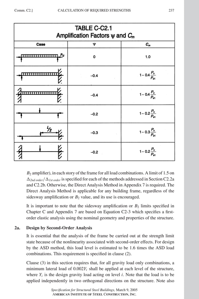 P1: GIG
GRBT055-COM-C AISC-Sample (LRFD) June 17, 2005 17:54 Char Count= 0
Comm. C2.] 237
CALCULATION OF REQUIRED STRENGTHS
B2 amplifier), in each story of the frame for all load combinations. A limit of 1.5 on
2nd order/1st order is specified for each of the methods addressed in Section C2.2a
and C2.2b. Otherwise, the Direct Analysis Method in Appendix 7 is required. The
Direct Analysis Method is applicable for any building frame, regardless of the
sidesway amplification or B2 value, and its use is encouraged.
It is important to note that the sidesway amplification or B2 limits specified in
Chapter C and Appendix 7 are based on Equation C2-3 which specifies a first-
order elastic analysis using the nominal geometry and properties of the structure.
2a. Design by Second-Order Analysis
It is essential that the analysis of the frame be carried out at the strength limit
state because of the nonlinearity associated with second-order effects. For design
by the ASD method, this load level is estimated to be 1.6 times the ASD load
combinations. This requirement is specified in clause (2).
Clause (3) in this section requires that, for all gravity load only combinations, a
minimum lateral load of 0.002Yi shall be applied at each level of the structure,
where Yi is the design gravity load acting on level i. Note that the load is to be
applied independently in two orthogonal directions on the structure. Note also
Specification for Structural Steel Buildings, March 9, 2005
AMERICAN INSTITUTE OF STEEL CONSTRUCTION, INC.
 