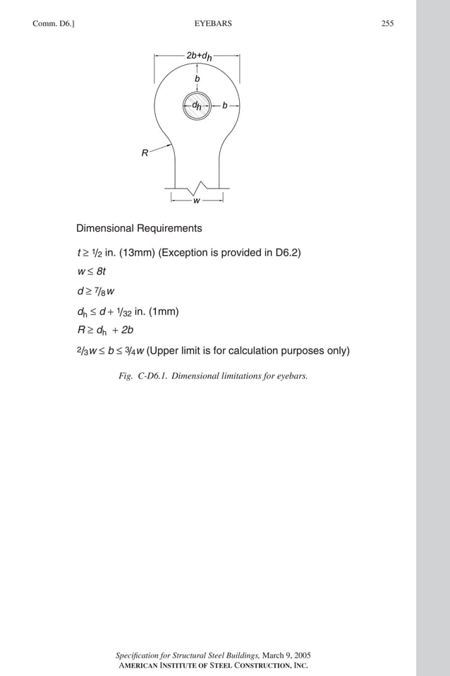 P1: GIG
GRBT055-COM-D AISC-Sample (LRFD) June 20, 2005 20:39 Char Count= 0
Comm. D6.] 255
EYEBARS
Dimensional Requirements
t ≥ 1/2 in. (13mm) (Exception is provided in D6.2)
w ≤ 8t
d ≥ 7/8w
dh ≤ d + 1/32 in. (1mm)
R ≥ dh + 2b
2/3w ≤ b ≤ 3/4w (Upper limit is for calculation purposes only)
Fig. C-D6.1. Dimensional limitations for eyebars.
Specification for Structural Steel Buildings, March 9, 2005
AMERICAN INSTITUTE OF STEEL CONSTRUCTION, INC.
 