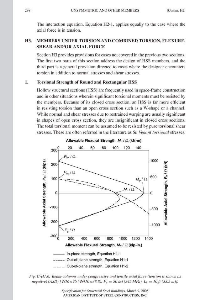 P1: GIG
GRT055-COM-H AISC-Sample (LRFD) June 17, 2005 18:1 Char Count= 0
298 [Comm. H2.
UNSYMMETRIC AND OTHER MEMBERS
The interaction equation, Equation H2-1, applies equally to the case where the
axial force is in tension.
H3. MEMBERS UNDER TORSION AND COMBINED TORSION, FLEXURE,
SHEAR AND/OR AXIAL FORCE
Section H3 provides provisions for cases not covered in the previous two sections.
The first two parts of this section address the design of HSS members, and the
third part is a general provision directed to cases where the designer encounters
torsion in addition to normal stresses and shear stresses.
1. Torsional Strength of Round and Rectangular HSS
Hollow structural sections (HSS) are frequently used in space-frame construction
and in other situations wherein significant torsional moments must be resisted by
the members. Because of its closed cross section, an HSS is far more efficient
in resisting torsion than an open cross section such as a W-shape or a channel.
While normal and shear stresses due to restrained warping are usually significant
in shapes of open cross section, they are insignificant in closed cross sections.
The total torsional moment can be assumed to be resisted by pure torsional shear
stresses. These are often referred in the literature as St. Venant torsional stresses.
Fig. C-H1.6. Beam-columns under compressive and tensile axial force (tension is shown as
negative) (ASD) [W16×26 (W410×38.8), Fy = 50 ksi (345 MPa), Lb = 10 ft (3.05 m)].
Specification for Structural Steel Buildings, March 9, 2005
AMERICAN INSTITUTE OF STEEL CONSTRUCTION, INC.
 