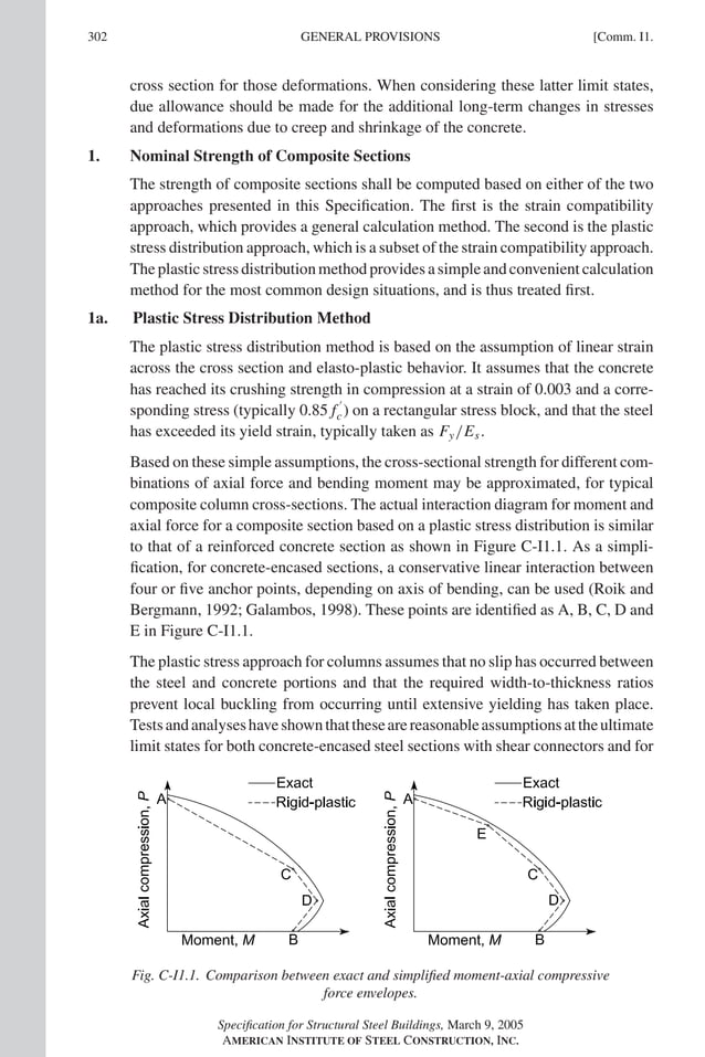 P1: GIG
GRBT055-COM-I AISC-Sample (LRFD) June 17, 2005 18:2 Char Count= 0
302 [Comm. I1.
GENERAL PROVISIONS
cross section for those deformations. When considering these latter limit states,
due allowance should be made for the additional long-term changes in stresses
and deformations due to creep and shrinkage of the concrete.
1. Nominal Strength of Composite Sections
The strength of composite sections shall be computed based on either of the two
approaches presented in this Specification. The first is the strain compatibility
approach, which provides a general calculation method. The second is the plastic
stress distribution approach, which is a subset of the strain compatibility approach.
The plastic stress distribution method provides a simple and convenient calculation
method for the most common design situations, and is thus treated first.
1a. Plastic Stress Distribution Method
The plastic stress distribution method is based on the assumption of linear strain
across the cross section and elasto-plastic behavior. It assumes that the concrete
has reached its crushing strength in compression at a strain of 0.003 and a corre-
sponding stress (typically 0.85 f

c) on a rectangular stress block, and that the steel
has exceeded its yield strain, typically taken as Fy/Es.
Based on these simple assumptions, the cross-sectional strength for different com-
binations of axial force and bending moment may be approximated, for typical
composite column cross-sections. The actual interaction diagram for moment and
axial force for a composite section based on a plastic stress distribution is similar
to that of a reinforced concrete section as shown in Figure C-I1.1. As a simpli-
fication, for concrete-encased sections, a conservative linear interaction between
four or five anchor points, depending on axis of bending, can be used (Roik and
Bergmann, 1992; Galambos, 1998). These points are identified as A, B, C, D and
E in Figure C-I1.1.
The plastic stress approach for columns assumes that no slip has occurred between
the steel and concrete portions and that the required width-to-thickness ratios
prevent local buckling from occurring until extensive yielding has taken place.
Testsandanalyseshaveshownthatthesearereasonableassumptionsattheultimate
limit states for both concrete-encased steel sections with shear connectors and for
Fig. C-I1.1. Comparison between exact and simplified moment-axial compressive
force envelopes.
Specification for Structural Steel Buildings, March 9, 2005
AMERICAN INSTITUTE OF STEEL CONSTRUCTION, INC.
 