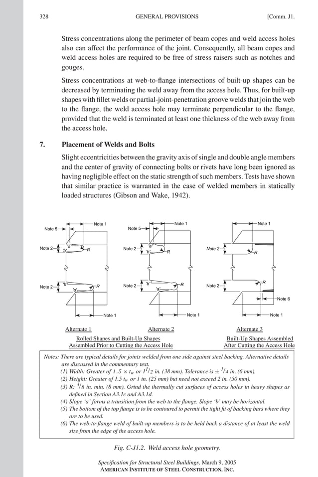 P1: GIG
GRT055-COM-J AISC-Sample (LRFD) June 17, 2005 18:3 Char Count= 0
328 [Comm. J1.
GENERAL PROVISIONS
Stress concentrations along the perimeter of beam copes and weld access holes
also can affect the performance of the joint. Consequently, all beam copes and
weld access holes are required to be free of stress raisers such as notches and
gouges.
Stress concentrations at web-to-flange intersections of built-up shapes can be
decreased by terminating the weld away from the access hole. Thus, for built-up
shapes with fillet welds or partial-joint-penetration groove welds that join the web
to the flange, the weld access hole may terminate perpendicular to the flange,
provided that the weld is terminated at least one thickness of the web away from
the access hole.
7. Placement of Welds and Bolts
Slight eccentricities between the gravity axis of single and double angle members
and the center of gravity of connecting bolts or rivets have long been ignored as
having negligible effect on the static strength of such members. Tests have shown
that similar practice is warranted in the case of welded members in statically
loaded structures (Gibson and Wake, 1942).
Alternate 1 Alternate 2 Alternate 3
Rolled Shapes and Built-Up Shapes Built-Up Shapes Assembled
Assembled Prior to Cutting the Access Hole After Cutting the Access Hole
Notes: There are typical details for joints welded from one side against steel backing. Alternative details
are discussed in the commentary text.
(1) Width: Greater of 1.5 × tw or 11/2 in. (38 mm). Tolerance is ± 1/4 in. (6 mm).
(2) Height: Greater of 1.5 tw or 1 in. (25 mm) but need not exceed 2 in. (50 mm).
(3) R: 3/8 in. min. (8 mm). Grind the thermally cut surfaces of access holes in heavy shapes as
defined in Section A3.1c and A3.1d.
(4) Slope ‘a’ forms a transition from the web to the flange. Slope ‘b’ may be horizontal.
(5) The bottom of the top flange is to be contoured to permit the tight fit of backing bars where they
are to be used.
(6) The web-to-flange weld of built-up members is to be held back a distance of at least the weld
size from the edge of the access hole.
Fig. C-J1.2. Weld access hole geometry.
Specification for Structural Steel Buildings, March 9, 2005
AMERICAN INSTITUTE OF STEEL CONSTRUCTION, INC.
 
