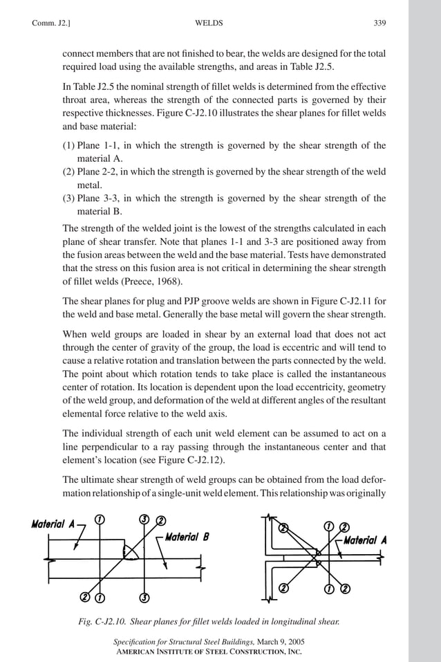 P1: GIG
GRT055-COM-J AISC-Sample (LRFD) June 17, 2005 18:3 Char Count= 0
WELDS
Comm. J2.] 339
connect members that are not finished to bear, the welds are designed for the total
required load using the available strengths, and areas in Table J2.5.
In Table J2.5 the nominal strength of fillet welds is determined from the effective
throat area, whereas the strength of the connected parts is governed by their
respective thicknesses. Figure C-J2.10 illustrates the shear planes for fillet welds
and base material:
(1) Plane 1-1, in which the strength is governed by the shear strength of the
material A.
(2) Plane 2-2, in which the strength is governed by the shear strength of the weld
metal.
(3) Plane 3-3, in which the strength is governed by the shear strength of the
material B.
The strength of the welded joint is the lowest of the strengths calculated in each
plane of shear transfer. Note that planes 1-1 and 3-3 are positioned away from
the fusion areas between the weld and the base material. Tests have demonstrated
that the stress on this fusion area is not critical in determining the shear strength
of fillet welds (Preece, 1968).
The shear planes for plug and PJP groove welds are shown in Figure C-J2.11 for
the weld and base metal. Generally the base metal will govern the shear strength.
When weld groups are loaded in shear by an external load that does not act
through the center of gravity of the group, the load is eccentric and will tend to
cause a relative rotation and translation between the parts connected by the weld.
The point about which rotation tends to take place is called the instantaneous
center of rotation. Its location is dependent upon the load eccentricity, geometry
of the weld group, and deformation of the weld at different angles of the resultant
elemental force relative to the weld axis.
The individual strength of each unit weld element can be assumed to act on a
line perpendicular to a ray passing through the instantaneous center and that
element’s location (see Figure C-J2.12).
The ultimate shear strength of weld groups can be obtained from the load defor-
mationrelationshipofasingle-unitweldelement.Thisrelationshipwasoriginally
Fig. C-J2.10. Shear planes for fillet welds loaded in longitudinal shear.
Specification for Structural Steel Buildings, March 9, 2005
AMERICAN INSTITUTE OF STEEL CONSTRUCTION, INC.
 