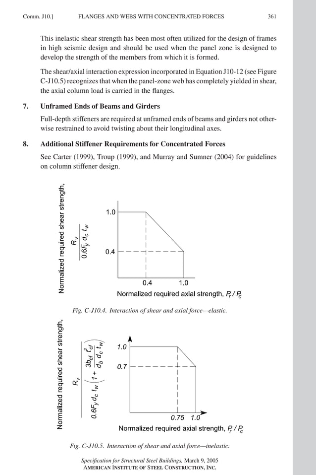 P1: GIG
GRT055-COM-J AISC-Sample (LRFD) June 17, 2005 18:3 Char Count= 0
FLANGES AND WEBS WITH CONCENTRATED FORCES
Comm. J10.] 361
This inelastic shear strength has been most often utilized for the design of frames
in high seismic design and should be used when the panel zone is designed to
develop the strength of the members from which it is formed.
The shear/axial interaction expression incorporated in Equation J10-12 (see Figure
C-J10.5) recognizes that when the panel-zone web has completely yielded in shear,
the axial column load is carried in the flanges.
7. Unframed Ends of Beams and Girders
Full-depth stiffeners are required at unframed ends of beams and girders not other-
wise restrained to avoid twisting about their longitudinal axes.
8. Additional Stiffener Requirements for Concentrated Forces
See Carter (1999), Troup (1999), and Murray and Sumner (2004) for guidelines
on column stiffener design.
Fig. C-J10.4. Interaction of shear and axial force—elastic.
Fig. C-J10.5. Interaction of shear and axial force—inelastic.
Specification for Structural Steel Buildings, March 9, 2005
AMERICAN INSTITUTE OF STEEL CONSTRUCTION, INC.
 