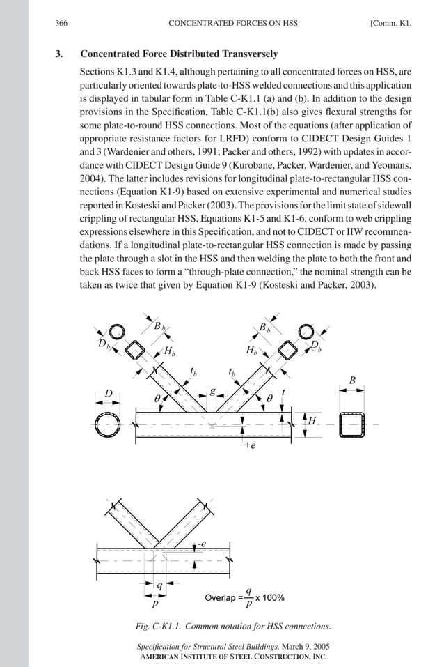 P1: NZA
GRBT055-COM-K AISC-Sample (LRFD) June 17, 2005 18:5 Char Count= 0
366 [Comm. K1.
CONCENTRATED FORCES ON HSS
3. Concentrated Force Distributed Transversely
Sections K1.3 and K1.4, although pertaining to all concentrated forces on HSS, are
particularlyorientedtowardsplate-to-HSSweldedconnectionsandthisapplication
is displayed in tabular form in Table C-K1.1 (a) and (b). In addition to the design
provisions in the Specification, Table C-K1.1(b) also gives flexural strengths for
some plate-to-round HSS connections. Most of the equations (after application of
appropriate resistance factors for LRFD) conform to CIDECT Design Guides 1
and 3 (Wardenier and others, 1991; Packer and others, 1992) with updates in accor-
dance with CIDECT Design Guide 9 (Kurobane, Packer, Wardenier, and Yeomans,
2004). The latter includes revisions for longitudinal plate-to-rectangular HSS con-
nections (Equation K1-9) based on extensive experimental and numerical studies
reportedinKosteskiandPacker(2003).Theprovisionsforthelimitstateofsidewall
crippling of rectangular HSS, Equations K1-5 and K1-6, conform to web crippling
expressions elsewhere in this Specification, and not to CIDECT or IIW recommen-
dations. If a longitudinal plate-to-rectangular HSS connection is made by passing
the plate through a slot in the HSS and then welding the plate to both the front and
back HSS faces to form a “through-plate connection,” the nominal strength can be
taken as twice that given by Equation K1-9 (Kosteski and Packer, 2003).
Fig. C-K1.1. Common notation for HSS connections.
Specification for Structural Steel Buildings, March 9, 2005
AMERICAN INSTITUTE OF STEEL CONSTRUCTION, INC.
 