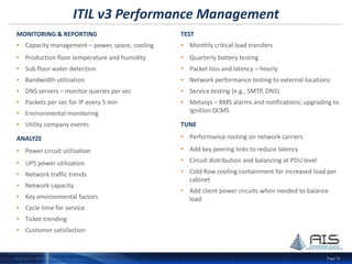 Page 15
Disaster Recovery / Business Continuity
Step one for any DR plan is physical separation of primary and backup
infrastructure, which implies geographic diversity
Phoenix is one of the safest locations in the country in terms of protection
from natural disasters and is considered an excellent repository for backup
facilities
AIS Van Buren in Phoenix provides enterprise-class colo and cloud services
 