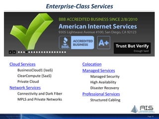 Page 19
Major Focus on Audited Compliance
SSAE 16 (Statements on Standards for Attestation Engagements No 16)
• Replaced SAS 70 for all audits beginning June 2011
• Goes beyond SAS 70 by requiring a written “assertion” by management that
the design and operating effectiveness of the controls being reviewed…
o are suitable for the services provided
o and were in place and constantly applied during the testing date (Type 1) or period (Type 2)
SOC 1 Examination: Presents the auditors’ opinion on accuracy and completeness of management’s description…
o of the services provided
o and audits the operating effectiveness of the controls throughout a declared time period of six months
SOC 2 Examination: Standard benchmark by which two data center audit reports can be compared and the report
reader can be assured that the same set of criteria was used to evaluate each
• Much more stringent audit req’s with a stronger set of controls designed around service organizations
• Uses specifically pre-defined control criteria related to Security and Availability
SOC 3 Examination: Summary Trust Services Report that documents assurances on controls…
o but without detailed description of tests and results contained in the SOC 2 report
Title 21 CFR Part 11: Food & Drug Administration guidelines on electronic records and electronic signatures (ERES)
o Applies to drug makers, medical device manufacturers, biotech companies, biologics developers, and
contract research organizations (CROs)
 