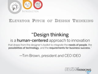 ELEVATOR PITCH OF DESIGN THINKING
INTRODUCTION
“Design thinking
is a human­centered approach to innovation
that draws from...