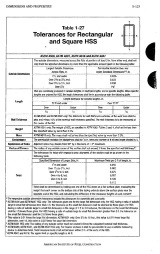 D I M E N S I O N S A N D P R O P E R T I E S 1-125
Table 1-27
Tolerances for Rectangular
and Square HSS
ASTM A500, ASTM A501, ASTM A618 and ASTM A847
Outside Dimensions
Length
Wall Thickness
Weight
Mass
Straightness
Squareness of Sides
Radius of Corners
TV/ist
The outside dimensions, measured across the flats at positions at least 2 In. from either end, shall not
vary from the specified dimensions by more than the applicable amount given In the following table:
Largest Outside Dimension
Across Fiats, in.
2V2 and under
Over 2'/2 to 3V2, incl.
Over SVztoSVz, incl.
Over 5Vz
Permissible Variation Over and
Under Specified Dimensions''', in.
0.020.
0.025
0,030
HSS are commonly produced in random lengths, in multiple lengths, and in specific lengths. When specific
lengths are ordered for HSS, the length tolerances shall be in accordance with the following table:
Length tolerance for specific lengths, in.
22 ft and under
Over
V 2
Under
V4
Over 22 ft'
Over Under
Vi
ASTM A500 and ASTM A847 only: The tolerance for wall thickness exclusive of the weld area shall be
plus and minus 10% of the nominal wail thickness specified. The wail thickness Is to be measured at
the center of the flat.
ASTM A501 only; The weight of HSS, as specified in ASTM A501 Tables 3 and 4, shall not be less than
the specified value by more than 3.5%.
ASTM A618 only: The mass shall not be less than the ^ecified value by more than 3.5%.,
The permissible variation for straightness shall be Va in. times the number of ft of total length divided by 5.
Adjacent sides may deviate from 90° by a tolerance of ± 2° maximum.
The radius of any outside corner of the section shall not exceed 3 times the specified wall thickness''.
The tolerances for twist with respect to axial alignment of the section shall be as siiown in the
following table:
Specified Dimension of Longer Side, In.
iVa and under
OverlV2to2V2, incl.
Over 2V2 to 4, incl.
Over 4 to 6, incl.
Over 6 to 8, incl.
Over 8
Maximum Tvirist per 3 ft of length, in.
0.050
0.062
0.075
0.087
0.100
0,112
Twist shall be determined by holding one end of tiie HSS down on a flat surface plate, measuring the
height that each corner on the bottom side of the tubing extends above the surface plate near the
opposite end of the HSS, and calculating the difference in the measured heights of such comers®.
^The respective outside dimension tolerances Include the allowances for convexity and concavity.
' ASTM A500 and ASTM A847 HSS only: The tolerances given are for the large flat dimension only. For HSS having a ratio of outside
large to small flat dimension less than 1.5, the tolerance on the small flat dimesion shall be identical to those given. For HSS
having a ratio of outside large to small flat dimension in the range of 1.5 to 3.0 inclusive, the tolerance on the small flat dimesion
shall be 1.5 times those given. For HSS having a ratio of outside large to small flat dimension greater than 3.0, the tolerance on
the small: flat dimension shall be 2.0 times those given.
' This value is 0.01 times the large flat dimension. ASTM A501 only: Over 5V2 to 10 incl., this value is 0.01 times large flat
dimension; over 10, this value is 0.02 times tiie large flat dimension.
" ASTM A501 HSS only: The radius of any outside corner must not exceed 3 times the calculated nominal wall thickness.
ASTM A500, ASTM A501, and ASTM A347 HSS only: For heavier sections it shall be permissible to use a suitable measuring
device to determine twist. Twist measurements siiall not be taken within 2 in. of the ends of the HSS.
ASTM A501 and A618: The upper limit on specific length is 44 ft.
i
I
AMERICAN INSTITUTE OF STEEL CONSTRUCTION
 