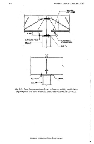 2 - 2 4 G E N E R A L D E S I G N C O N S I D E R A T I O N S
Fig. 2-2e. Beam framing continuously over column top, stability provided with
stiffener plates, joist-chord extensions located above column top not welded.
AMERICAN INSTITUTE OF STEEL CONSTRUCTION
 