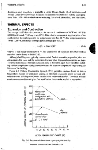 T H E R M A L E F F E C T S 1-39
dimensions and properties, is available in AISC Design Guide 15, Rehabilitation and
Retrofit Guide (Brockenbrough, 2002) and the companion database of historic shape prop-
erties from 1873-1999 available at www.aisc.org. See also Ricker (1988) and Tide (1990).
THERMAL EFFECTS
Expansion and Contraction
The average coefficient of expansion, e, for structural steel between 70 °F and 100 °F is
0.0000065 for each °F (Camp et al., 1951). This value is a reasonable approximation of the
coefficient of thermal expansion for temperatures less than 70 °F. For temperatures from
100 to 1,200 °F, the change in length per unit length per °F, e, is:
e = (6.1 +0.0019010' (2-9)
where t is the initial temperature in °F. The coefficients of expansion for other building
materials can be found in Table 17-10.
Although buildings are typically constructed of flexible materials, expansion joints are
often required in roofs and the supporting structure when horizontal dimensions are large.
The maximum distance between expansion joints is dependent upon many variables, includ-
ing ambient temperature during construction and the expected temperature range during the
lifetime of the building.
Figure 2-6 (Federal Construction Council, 1974) provides guidance based on design
temperature change for maximum spacing of structural expansion joints in bem-and-
column-framed buildings with pinned column bases and heated interiors. The report includes
data for numerous cities and gives five modification factors to be applied as appropriate:
§
1
<o
S
i
3
600
500
400
300
200
100
/ X
^Rectangular
multiframed
configuration with 
__ symmetrical stiffness  steel
•
/
Any
material
" Honrectangutar
configuration
_ a, r, U type)
1 L 1 1 1
10 20 30 40 50 60 70 80 90
DESIGN TEMPERA WRE CHANGE CO
Fig. 2-6. Recommended maximum expansion-joint spacing.
A M E R I C A N I N S T I T U T E O F S T E E L C o N s t a u c n o N
 