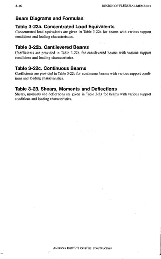 3-16 D E S I G N O F F L E X U R A L M E M B E R S
Beam Diagrams and Formulas
Table 3-22a. Concentrated Load Equivalents
Concentrated load equivalents aie given in Table 3-22a for beams with various support
conditions and loading characteristics.
Table 3-22b. Cantilevered Beams
Coefficients are provided in Table 3-22b for cantilevered beams with various support
conditions and loading characteristics.
Table 3-22c. Continuous Beams
Coefficients are provided in Table 3-22c for continuous beams with various support condi-
tions and loading characteristics.
Table 3-23. Shears, Moments and Deflections
Shears, moments and deflections are given in Table 3-23 for beams with various support
conditions and loading characteristics.
AMERICAN INSTRRIRRE OF STEEL CoNSTRUcmoN
 