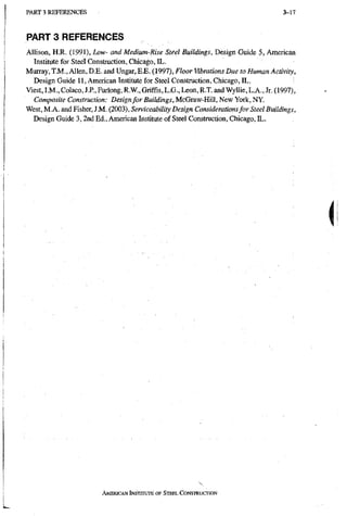 P A R T 3 R E F E R E N C E S 3-17
PART 3 REFERENCES
Allison, H.R. {99V), Low- and Medium-Rise Steel Buildings, Design Guide 5, American
Institute for Stee! Construction, Chicago, IL.
Murray, TJVI., Allen, D.E. and Ungar, E.E. (1997), Floor Vibrations Due to Human Activity,
Design Guide 11, American Institute for Steel Construction, Chicago, IL.
Viest, LM., Colaco, J.P., Furlong, R.W., Griffis, L.G., Leon, R.T. and Wyllie, L.A., Jr. (1997),
Composite Construction: Design for Buildings, McGraw-Hill, New York, NY.
West, M.A. and Fisher, J.M. (2003), Serviceability Design Considerations for Steel Buildings,
Design Guide 3,2nd Ed., American Institute of Steel Construction, Chicago, IL.
AMERICAN INSTRRUTE OF STEEL CONSTRUCTION
 