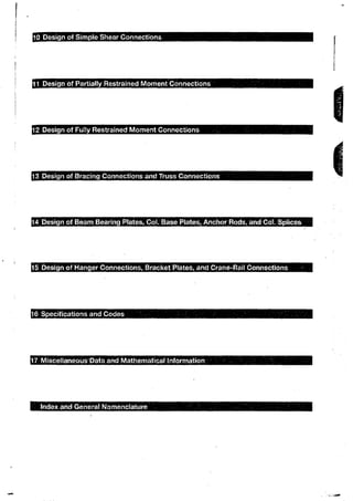 10 Design of Simple Shear Connections
11 Design t>f Partially Restrained Moment Connections
12 Design of Fully Restrained Moment Connections
13 Design of Bracing Connections and Truss Connections
14 Design of Beam Bearing Plates, Col. Base Plates, Anchor Rods, and Col. Splices
15 Design of Hanger Connections, Bracket Plates, and Crane-Rail Connections
16 Specifications and Codes
17 Miscellaneous Data and Mathematical Information
Index and General Nomenclature
 