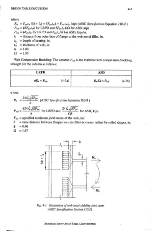 D E S I G N TABLE DISCUSSION 4-5
where
Rn (5k+k) — SFyyifty^fk + Fywtwlb, kips (AISC Specification Equation JlO-2)
Pm = ^5Fy„twk for LRFD and SFy^uklQ for ASD, kips
Pvi = ^Fyy^ty, foT LRFD sncj FywtJQ. for ASD, kips/in.
k = distance from outer face of flange to the web toe of fillet, in.
lb = length of bearing, in.
tw - thickness of web, in.
(
|
) = i.OO
a = 1 . 5 0
Web Compression Buckling: The variable P^t, is the available web compression buckling
strength for the column as follows:
LRFD ASD
where
= ^ f W ^ ^ (AISC Specification Equation JlO-8)
h
h ah
Fyw - specified minimum yield stress of the web, ksi
h = clear distance between flanges less the fillet or comer radius for rolled shapes, in.
(|) = 0 . 9 0
Q = 1 . 6 7
+
lO
4
Rn
>
l
Rn
Fig. 4-1. Illustration of web local yielding limit state
(AISC Specification Section JI0.2).
AMERICAN INSTITUTE OF STEEL CONSTRUCTION
 