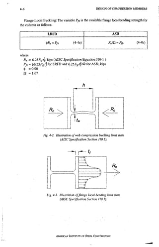 4-6 D E S I G N O F C O M P R E S S I O N M E M B E R S
Flange Local Buckling; The variable Pp is the available flange local bending strength for
the column as follows:
LRFD ASD
^Rn==Pfb (4-4a) Rn/a = Pfi, (4-4b)
where
Rn = 6.25Fyft% kips (AISC Specification Equation JlO-1 )
Pfl = i^6.25FyftffoT LRFD and 6.25F^ftj/Q. for ASD, kips
(j) =0.90
Q =1.67
Fig. 4-2. Illustration of web compression buckling limit state
(AISC Specification Section JI0.5).
- ^ r - t f
Fig. 4-3. Illustration of flange local bending limit state
(AISC Specification Section J 10.1).
AMERICAN INSTRRUTE OF STBEL CONSTRUCTION
 