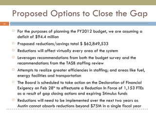 Proposed Options to Close the Gap For the purposes of planning the FY2012 budget, we are assuming a deficit of $94.4 million Proposed reductions/savings total $ $62,849,533  Reductions will affect virtually every area of the system Leverages recommendations from both the budget survey and the recommendations from the TASB staffing review Attempts to realize greater efficiencies in staffing; and areas like fuel, energy facilities and transportation The Board is scheduled to take action on the Declaration of Financial Exigency on Feb 28 th  to effectuate a Reduction In Force of 1,153 FTEs as a result of gap closing actions and expiring Stimulus funds  Reductions will need to be implemented over the next two years as Austin cannot absorb reductions beyond $75M in a single fiscal year 