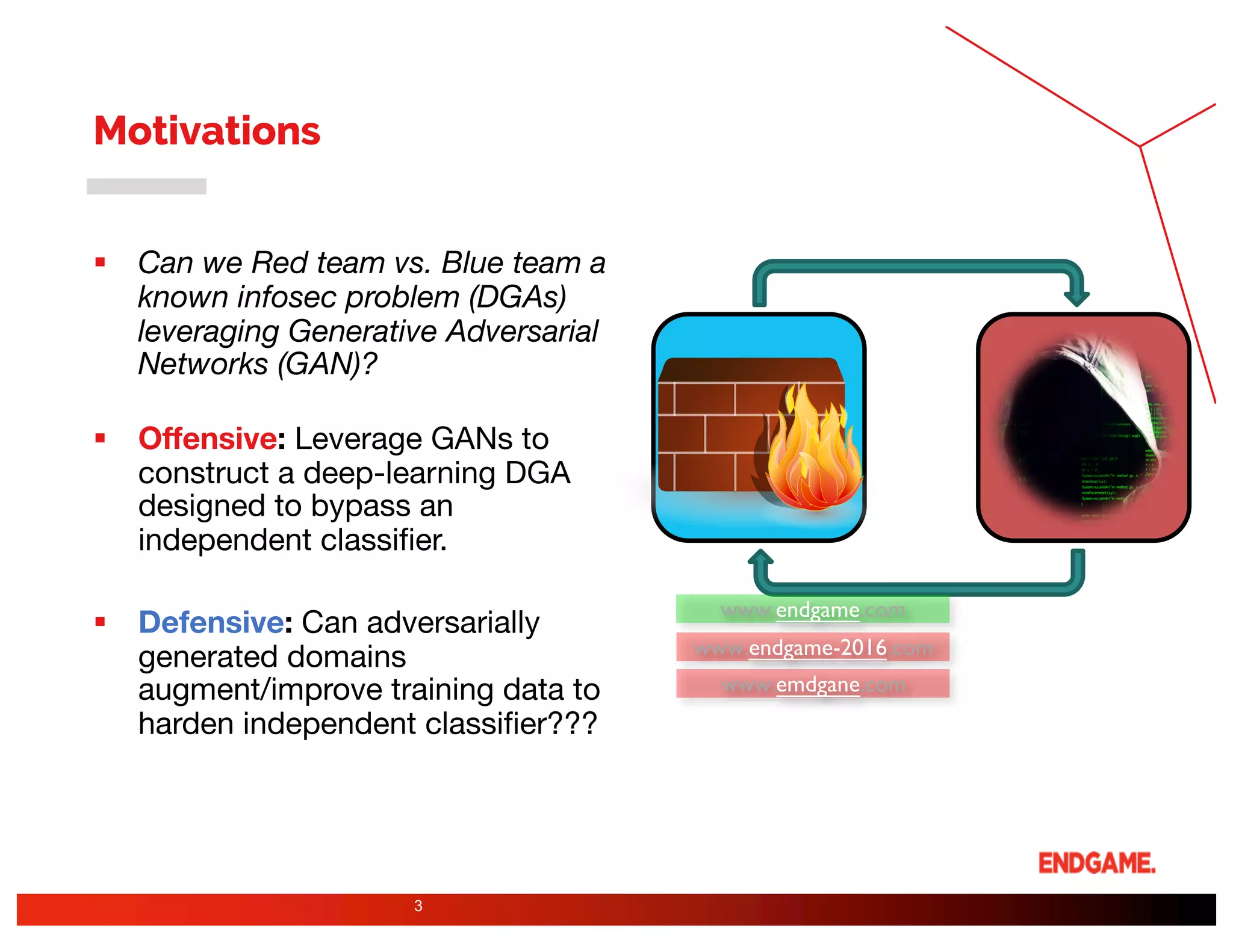 Motivations
§ Can we Red team vs. Blue team a
known infosec problem (DGAs)
leveraging Generative Adversarial
Networks (GAN)?
§ Offensive: Leverage GANs to
construct a deep-learning DGA
designed to bypass an
independent classifier.
§ Defensive: Can adversarially
generated domains
augment/improve training data to
harden independent classifier???
3
www.endgame.com
www.endgame-2016.com
www.emdgane.com
 