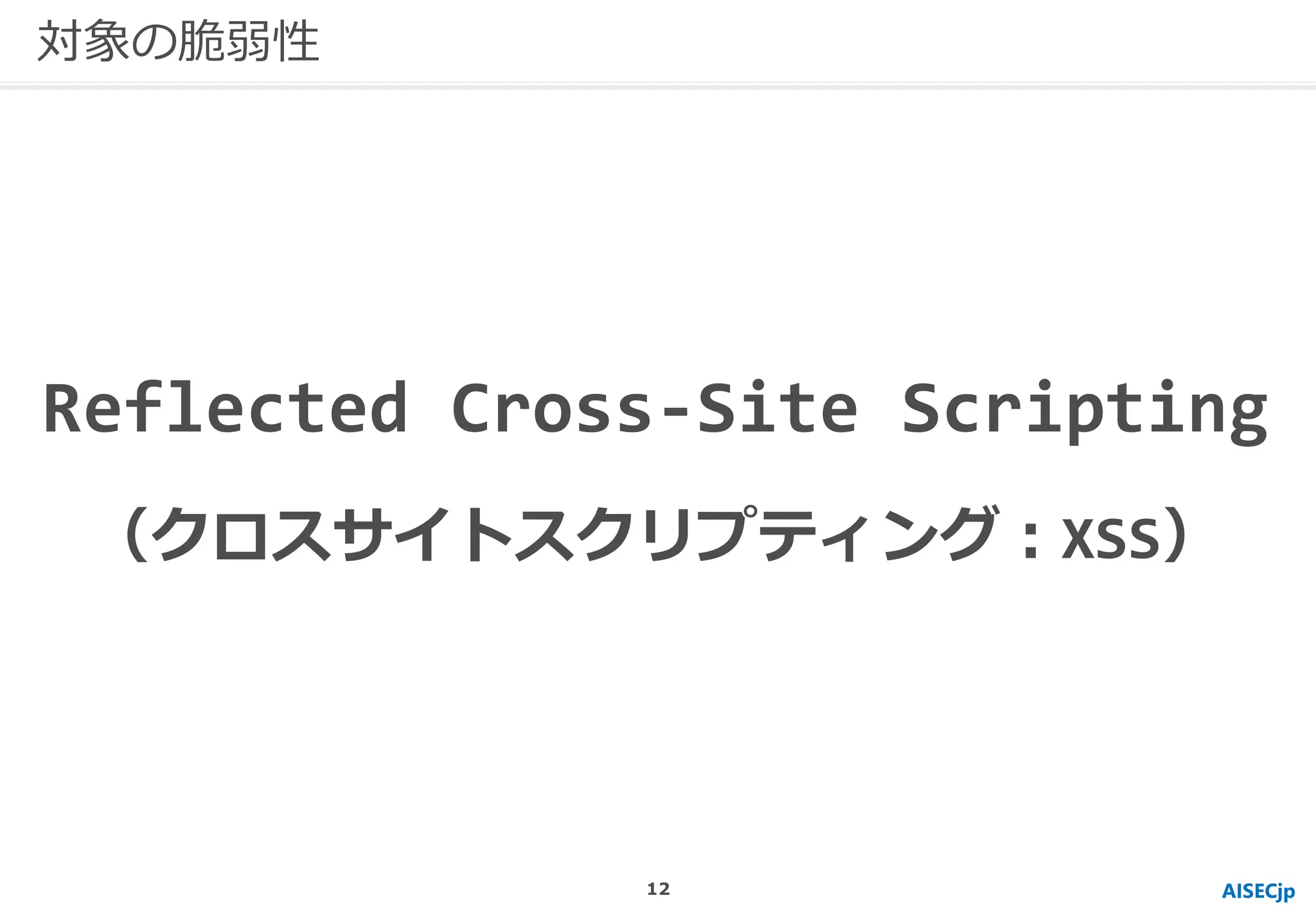 AISECjp
対象の脆弱性
Reflected Cross-Site Scripting
（クロスサイトスクリプティング：XSS）
12
 