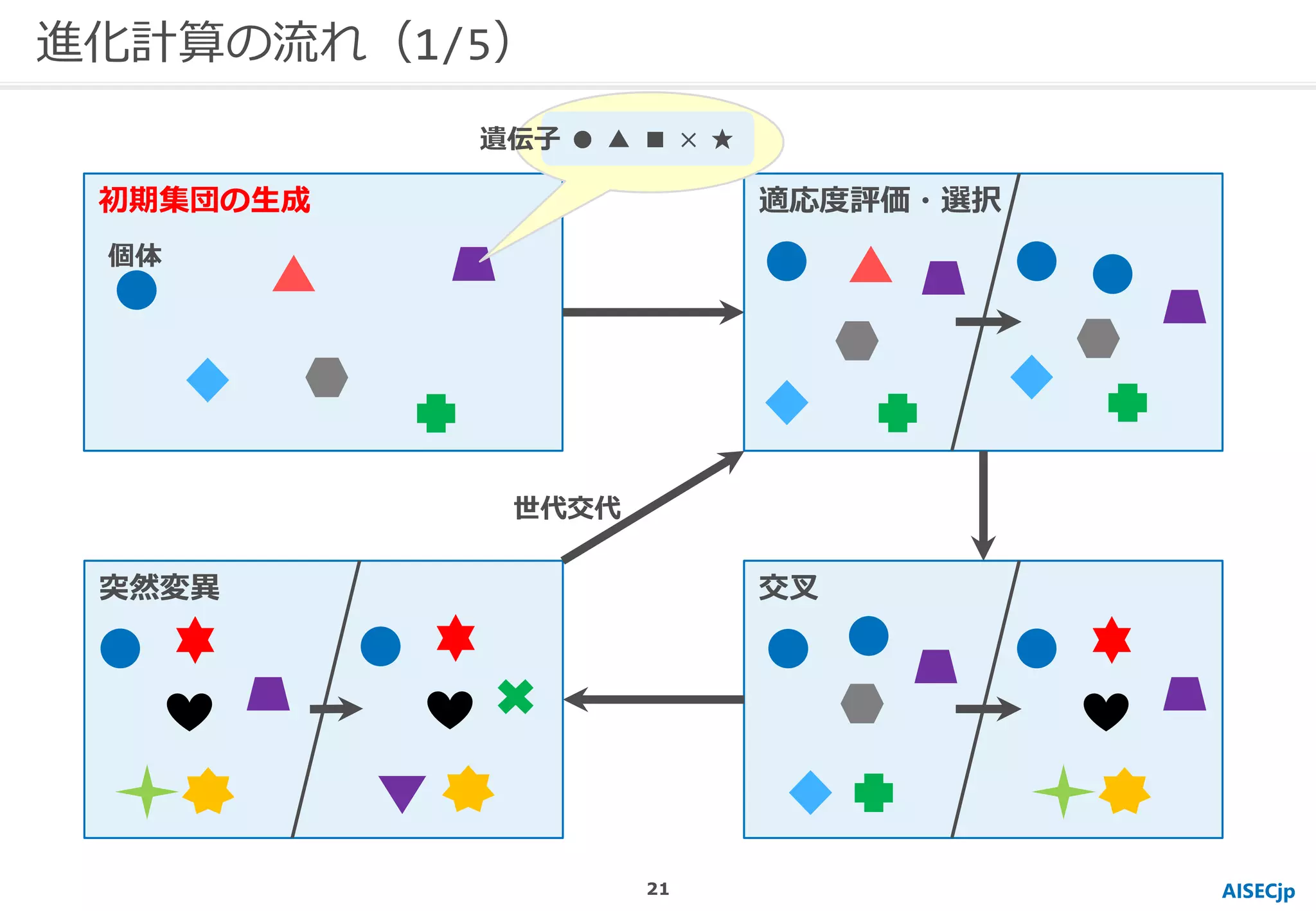 進化計算の流れ（1/5）
AISECjp
初期集団の生成 適応度評価・選択
交叉突然変異
個体
● ▲ ■ × ★遺伝子
世代交代
21
 