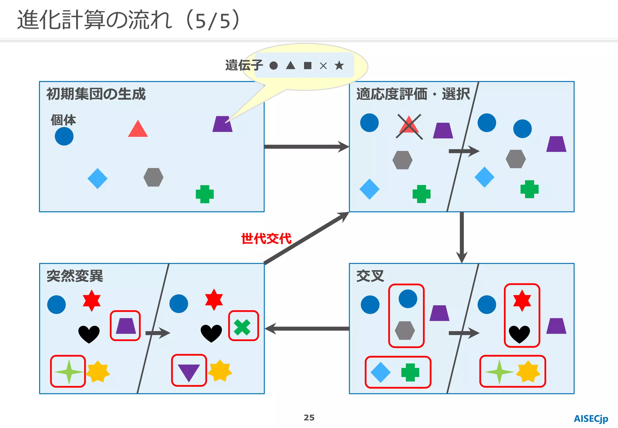 進化計算の流れ（5/5）
AISECjp
初期集団の生成 適応度評価・選択
交叉突然変異
個体
● ▲ ■ × ★遺伝子
世代交代
25
 