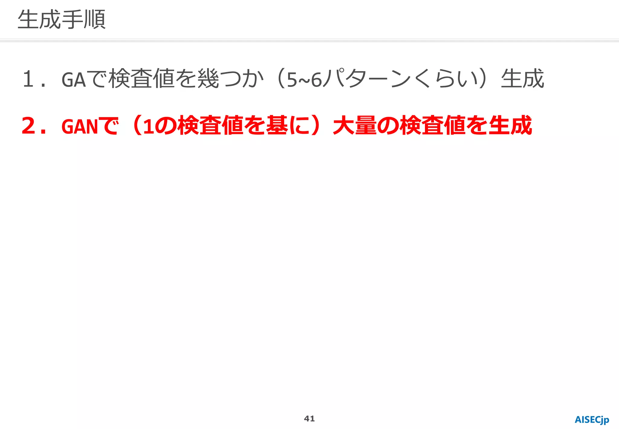 AISECjp
生成手順
１．GAで検査値を幾つか（5~6パターンくらい）生成
２．GANで（1の検査値を基に）大量の検査値を生成
41
 