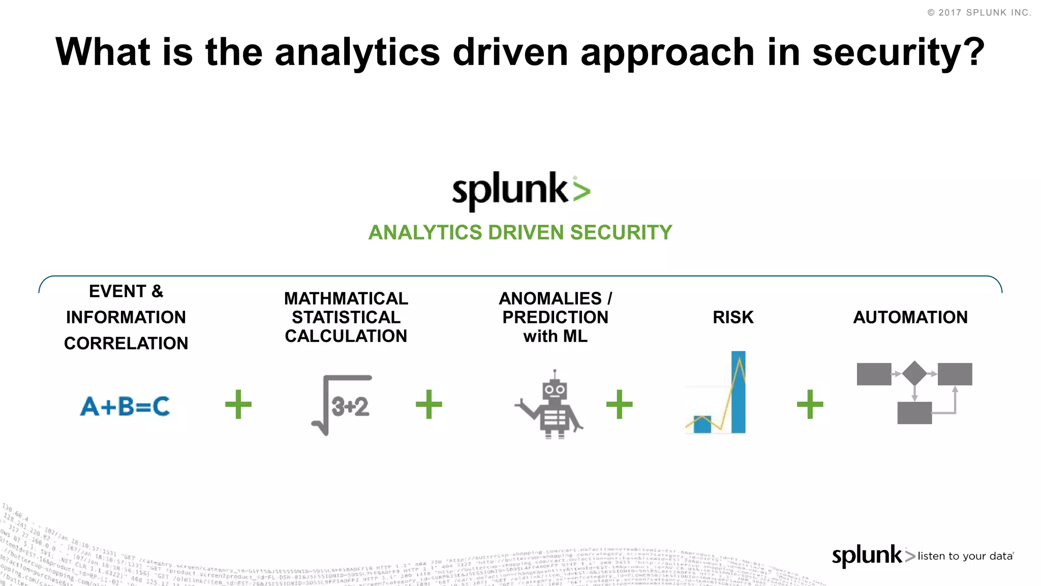 © 2017 SPLUNK INC.
What is the analytics driven approach in security?
MATHMATICAL
STATISTICAL
CALCULATION
ANOMALIES /
PREDICTION
with ML
ANALYTICS DRIVEN SECURITY
Correlations
and notable events
EVENT &
INFORMATION
CORRELATION
RISK AUTOMATION
 