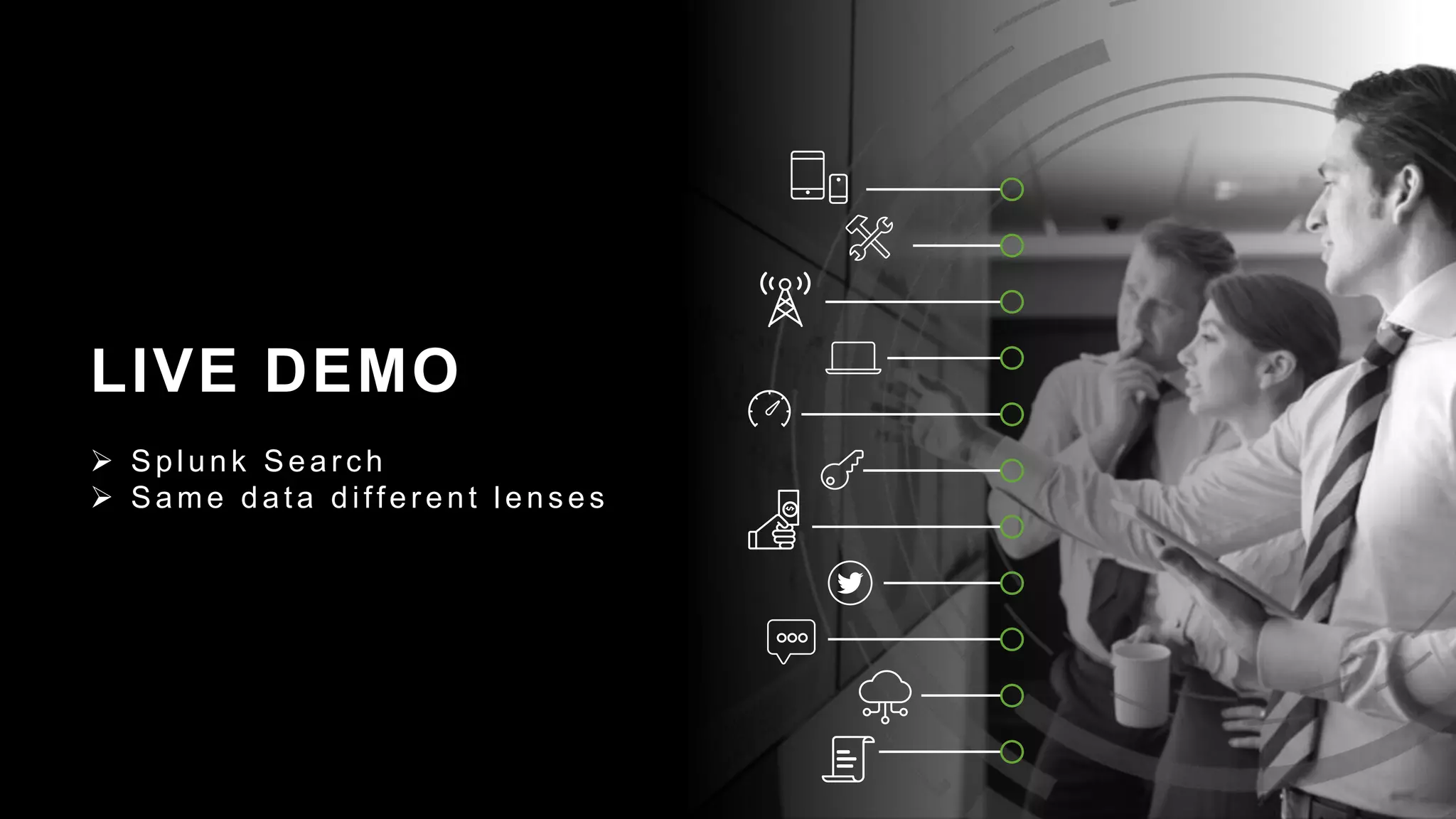 © 2018 SPLUNK INC.
LIVE DEMO
 Splunk Sear c h
 Same data differ ent lens es
 