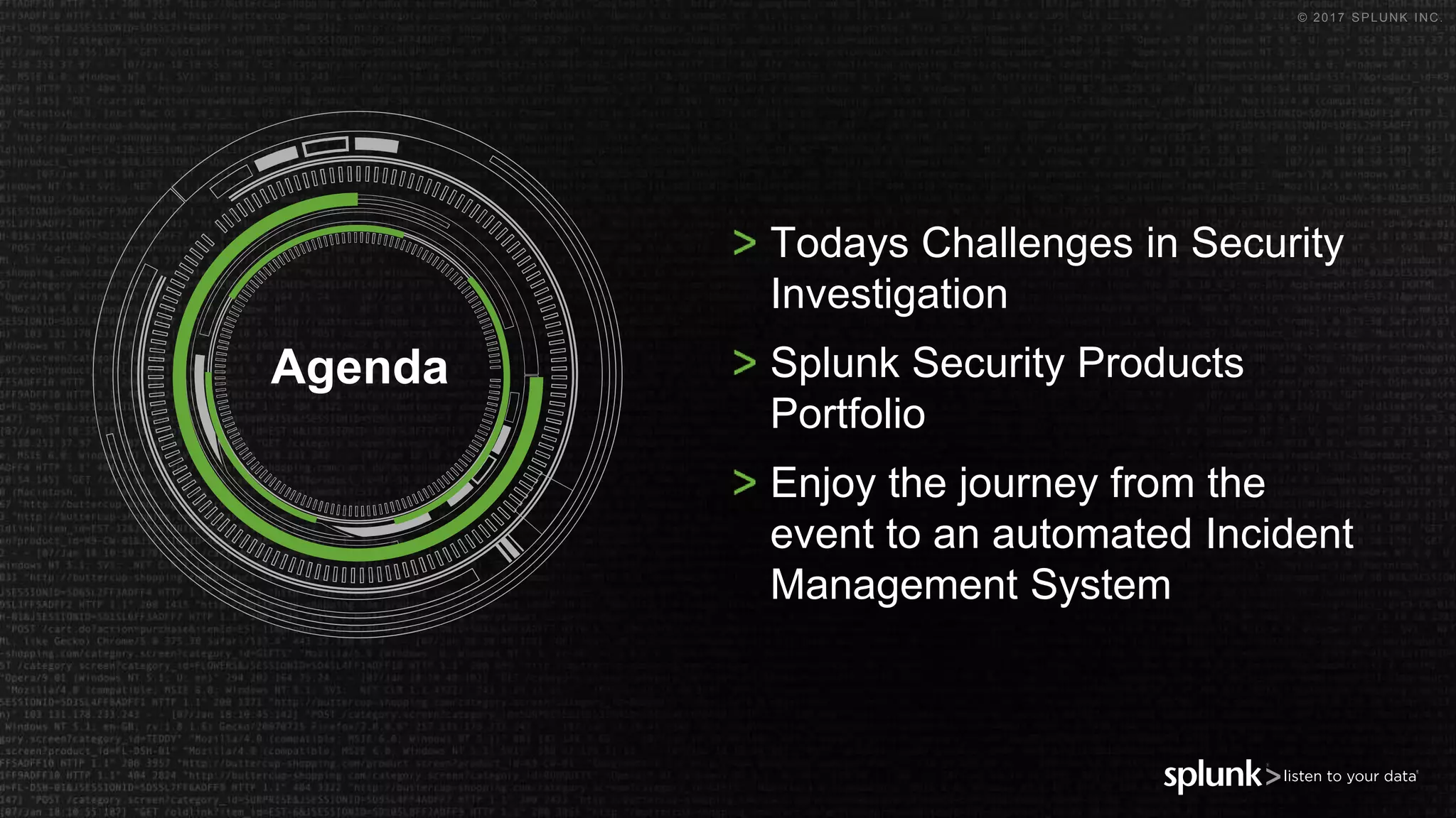© 2017 SPLUNK INC.
Todays Challenges in Security
Investigation
Splunk Security Products
Portfolio
Enjoy the journey from the
event to an automated Incident
Management System
Agenda
 