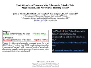 Adversarial Attack : NLP
https://arxiv.org/pdf/2005.05909.pdf
https://github.com/QData/TextAttack
 