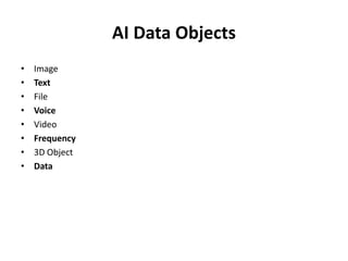 AI Data Objects
• Image
• Text
• File
• Voice
• Video
• Frequency
• 3D Object
• Data
 
