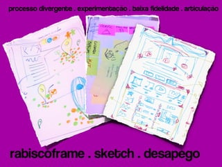 processo divergente . experimentação . baixa fidelidade . articulação




                                   09/
                                  0/2  1
                                 011




                                                                        wire
                                                                    rvor     sa
                                                                    e
rabiscoframe . sketch . desapego
 