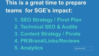 Conﬁdential - Vijay
Vasu
25
This is a great time to prepare
teams for SGE’s impact:
1. SEO Strategy / Pivot Plan
2. Technical SEO & Audits
3. Content Strategy / Pivots
4. PR/Brand/Links/Reviews
5. Analytics Vijay Vasu SEO
 