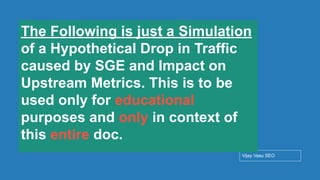 Conﬁdential - Vijay
Vasu
42
Vijay Vasu SEO
The Following is just a Simulation
of a Hypothetical Drop in Traffic
caused by SGE and Impact on
Upstream Metrics. This is to be
used only for educational
purposes and only in context of
this entire doc.
 