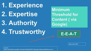 Conﬁdential - Vijay
Vasu
56
1. Experience
2. Expertise
3. Authority
4. Trustworthy
Vijay Vasu SEO
source:
https://developers.google.com/search/blog/2022/12/google-raters-guidelines-e-e-a-t
Minimum
Threshold for
Content ( via
Google)
E-E-A-T
 