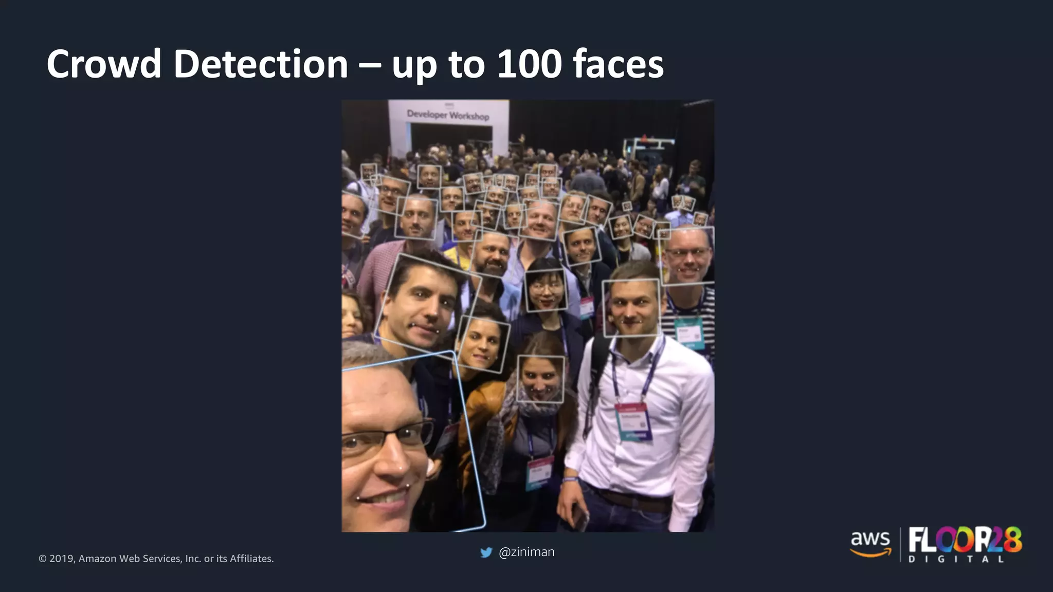 © 2019, Amazon Web Services, Inc. or its Affiliates.
@ziniman
Crowd Detection – up to 100 faces
 