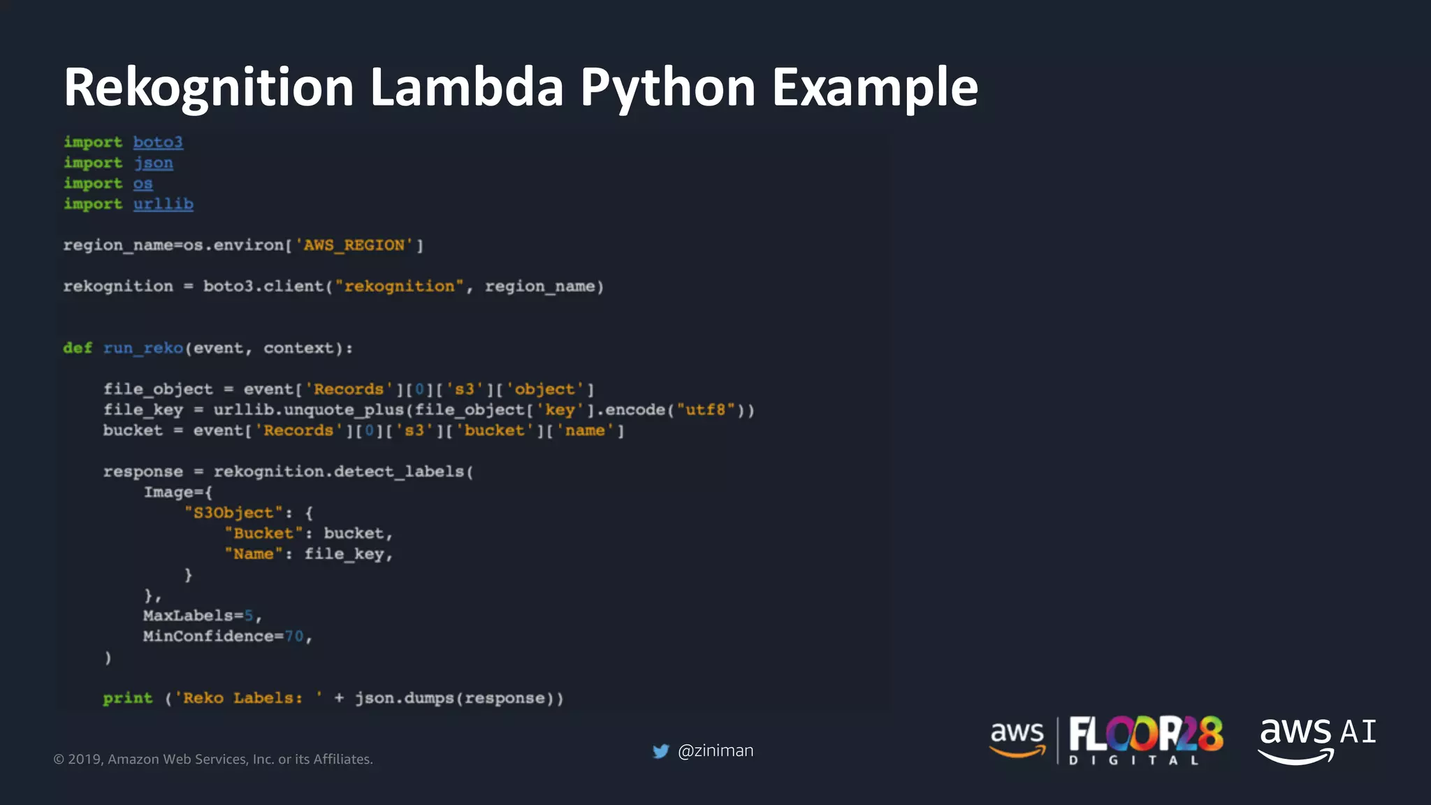 © 2019, Amazon Web Services, Inc. or its Affiliates.
@ziniman
Rekognition Lambda Python Example
 