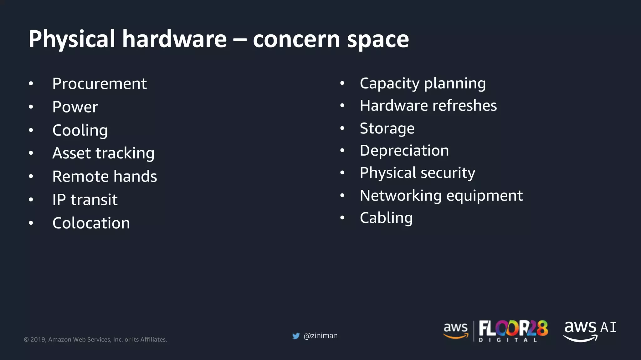 © 2019, Amazon Web Services, Inc. or its Affiliates.
@ziniman
• Procurement
• Power
• Cooling
• Asset tracking
• Remote hands
• IP transit
• Colocation
• Capacity planning
• Hardware refreshes
• Storage
• Depreciation
• Physical security
• Networking equipment
• Cabling
Physical hardware – concern space
 